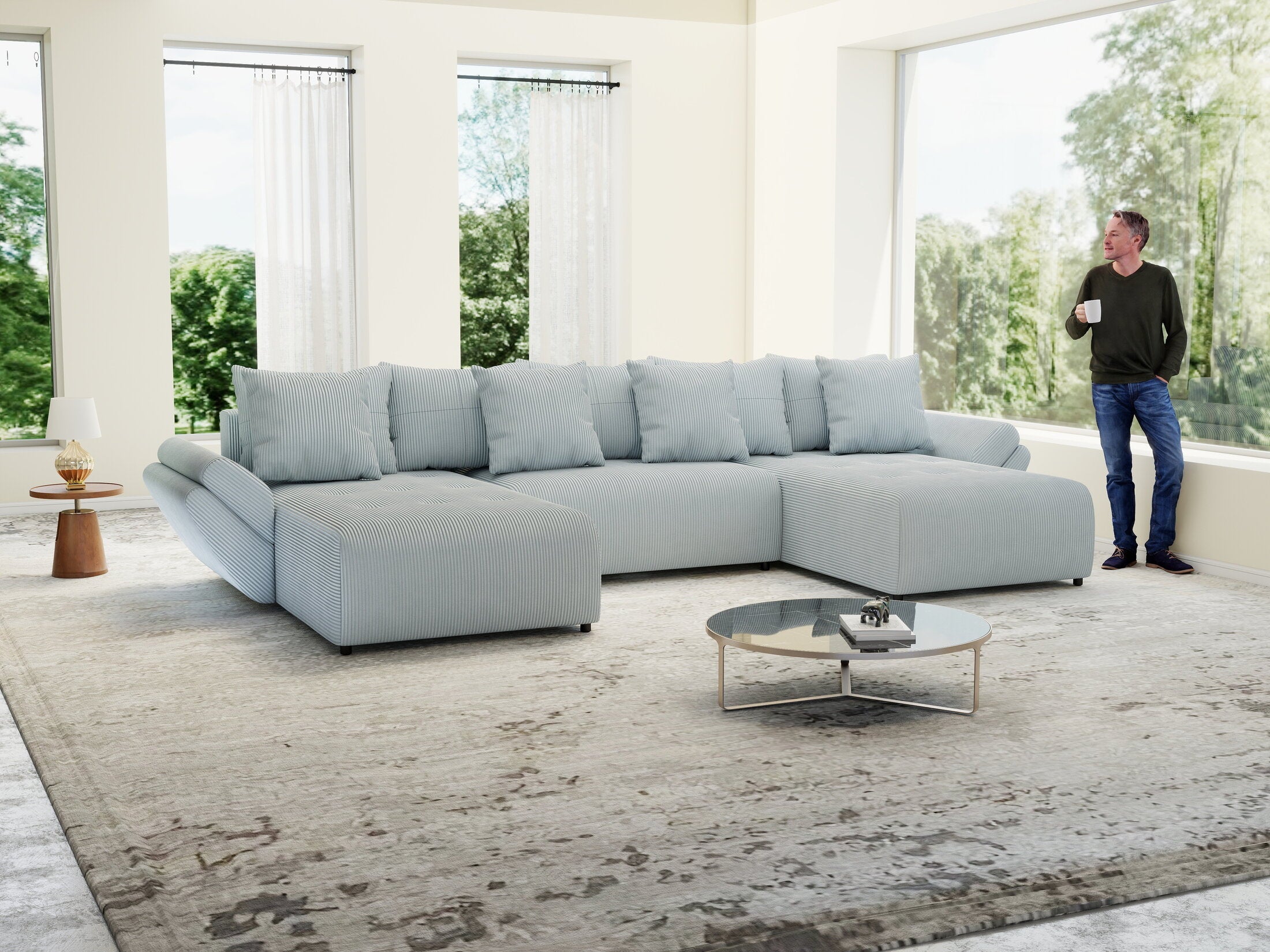 Colțar extensibil dumonde cu ladă de depozitare si sezut confortabil din spuma high-density, Berlin U Zoom GREY 400x185 cm