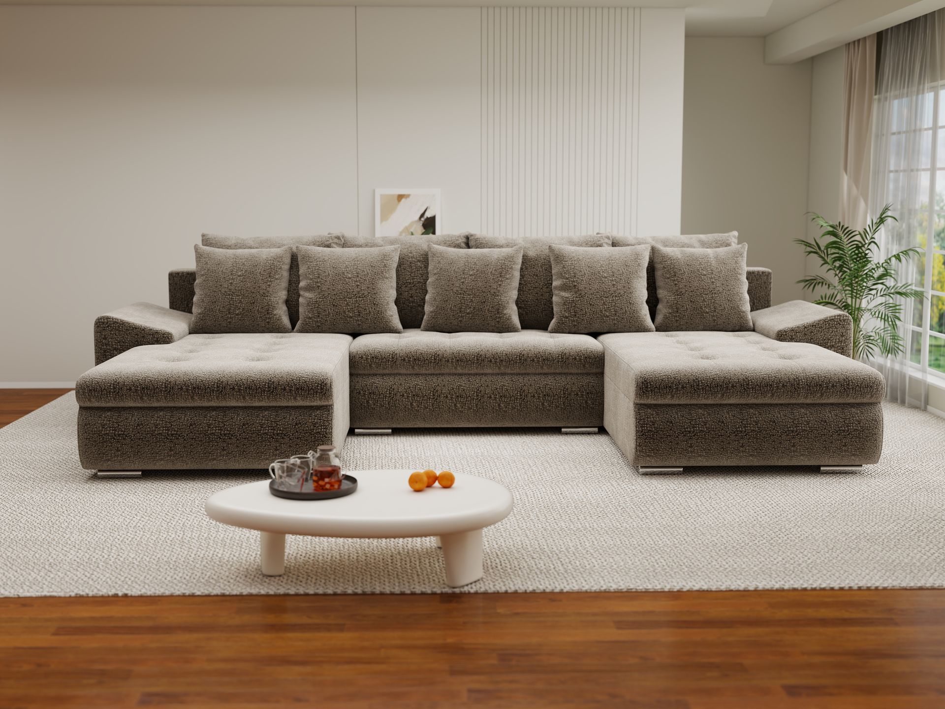 Colțar extensibil dumonde cu ladă de depozitare si sezut confortabil din spuma high-density, Leonardo U Jaguar Maro Cappuccino 08 360x185 cm