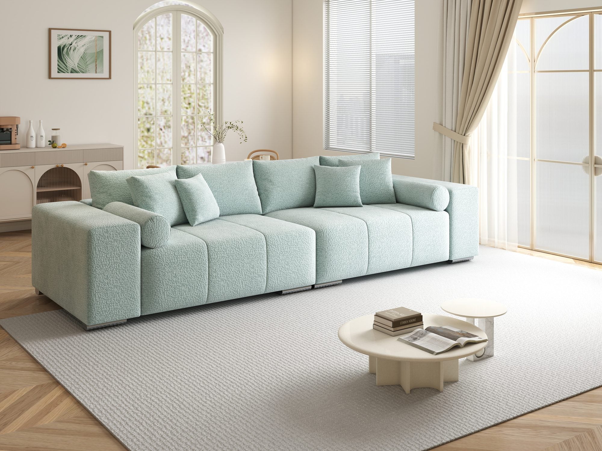 Canapea extensibilă dumonde cu ladă de depozitare si sezut confortabil din spuma high-density, Marbela XXL Jaguar Verde Mint 16 290x100 cm