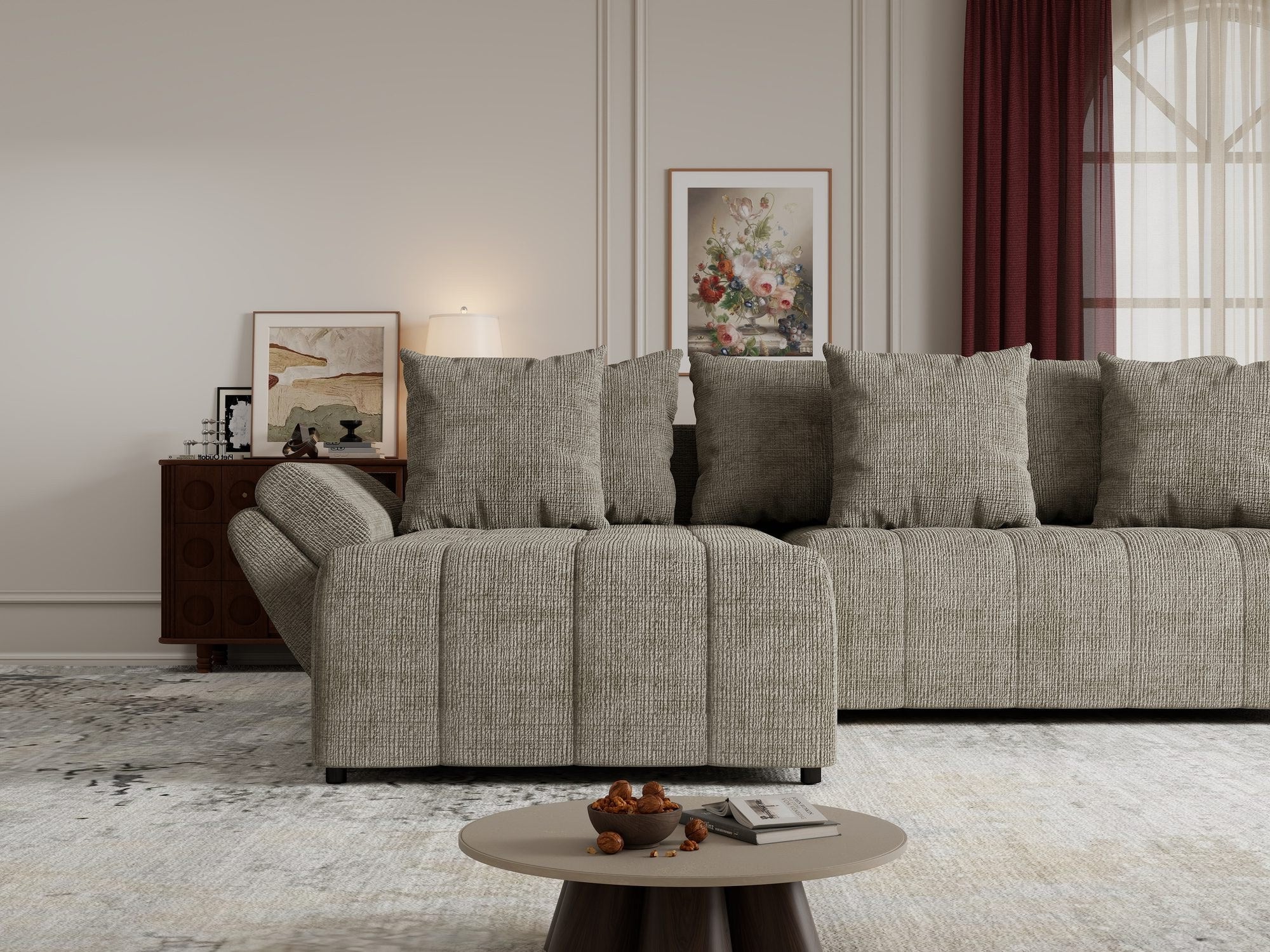 Colțar extensibil dumonde cu ladă de depozitare si sezut confortabil din spuma high-density, Berlin Cremona Bej 14 280x185 cm