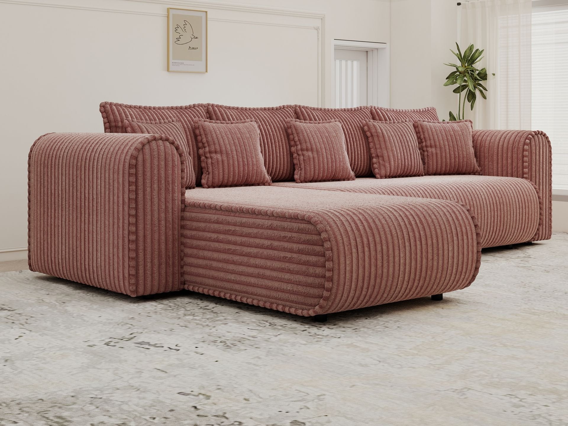 Colțar extensibil dumonde cu ladă de depozitare si sezut confortabil din spuma high-density, Monaco XL Tilia Roz 340x185 cm