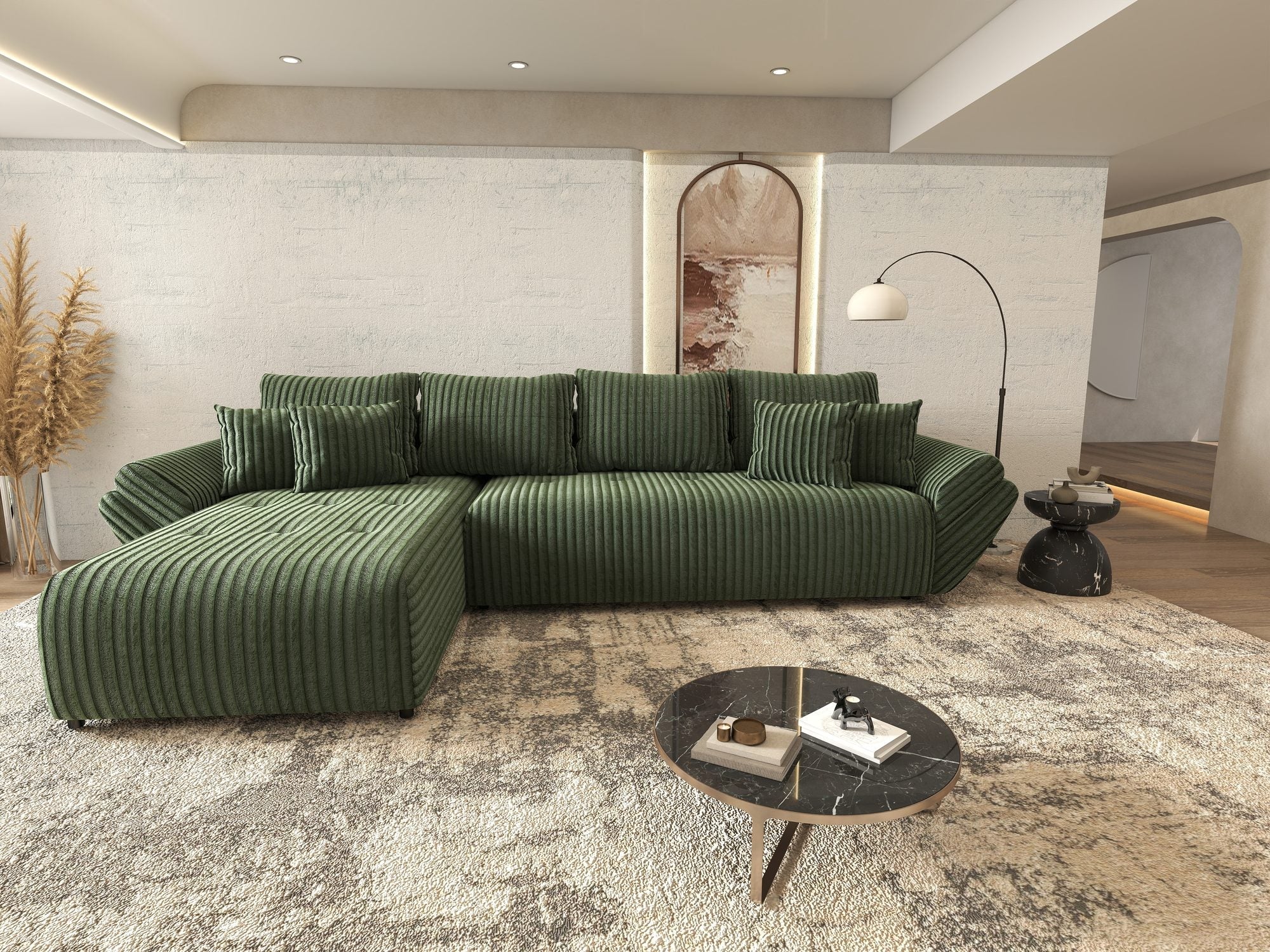 Colțar extensibil dumonde cu ladă de depozitare si sezut confortabil din spuma high-density, Berlin XL Tilia Verde 39 350x185 cm