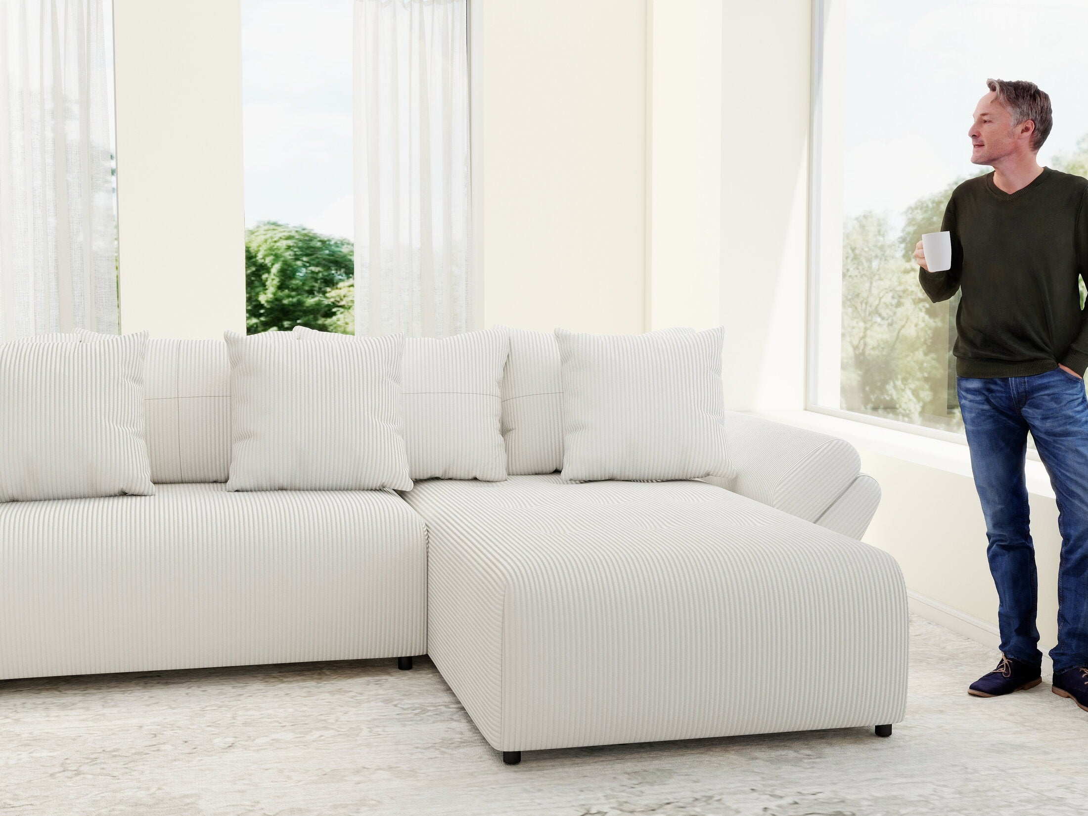 Colțar extensibil dumonde cu ladă de depozitare si sezut confortabil din spuma high-density, Berlin U Zoom Crem 400x185 cm