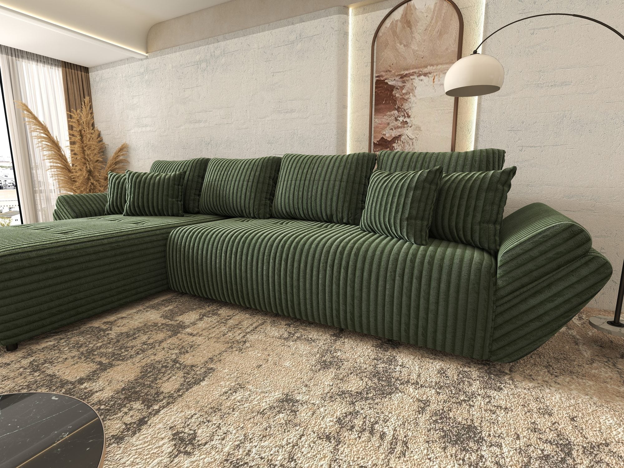 Colțar extensibil dumonde cu ladă de depozitare si sezut confortabil din spuma high-density, Berlin XL Tilia Verde 39 350x185 cm