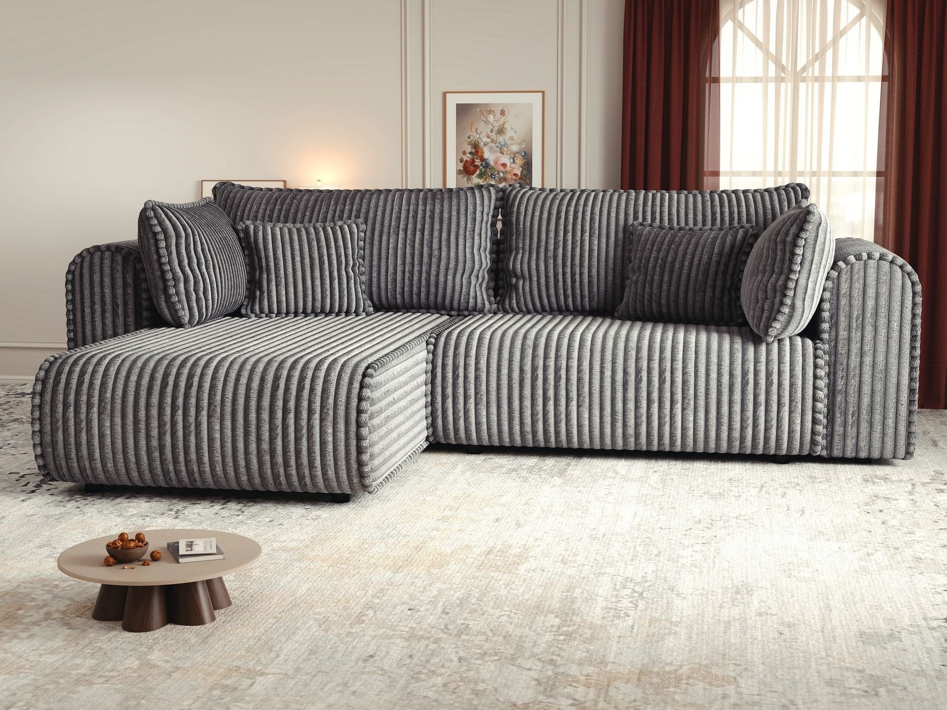 Colțar extensibil dumonde cu ladă de depozitare si sezut confortabil din spuma high-density, Monaco L Tilia Grafit 270x100 cm