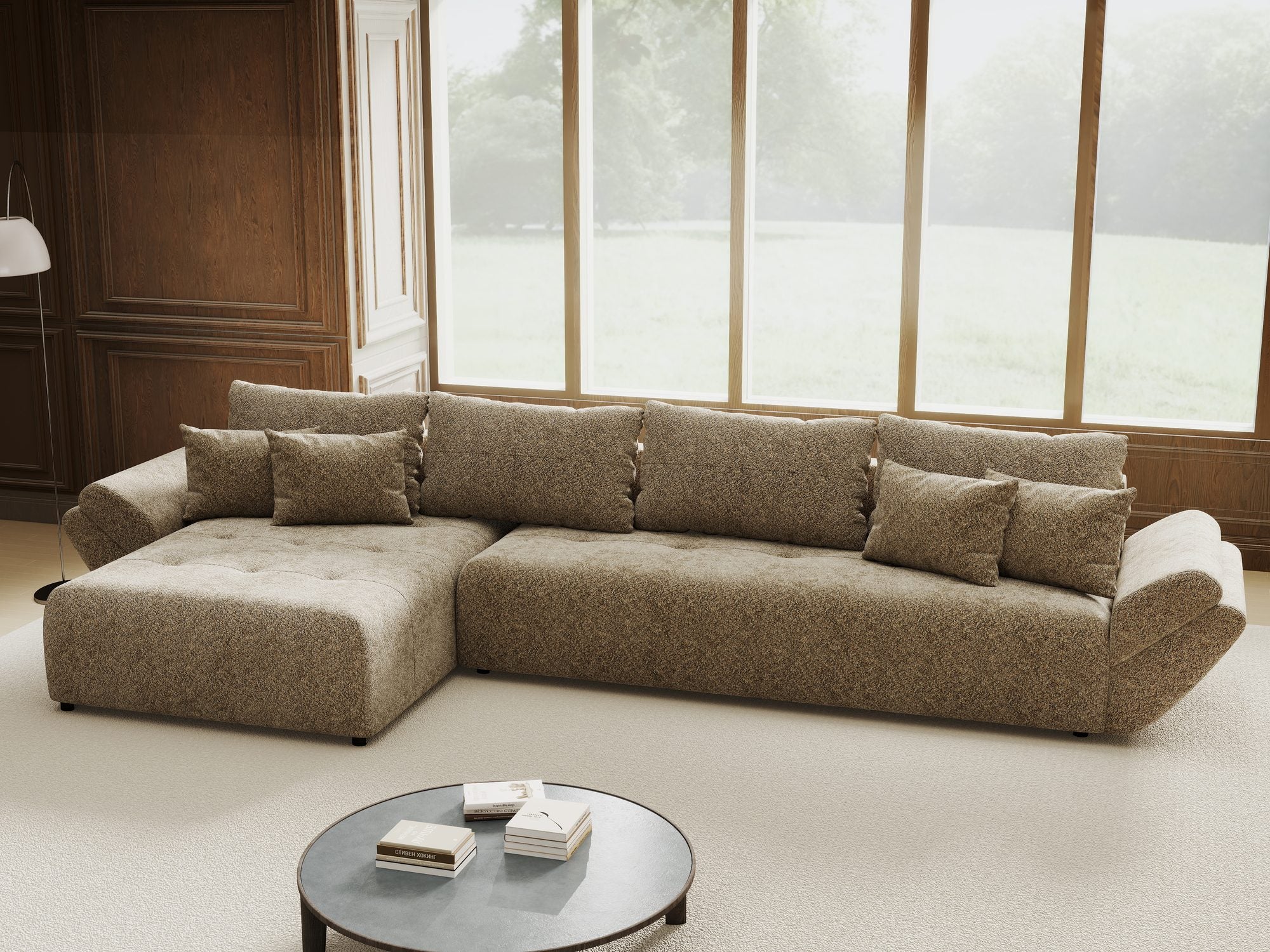 Colțar extensibil dumonde cu ladă de depozitare si sezut confortabil din spuma high-density, Berlin XL Arena Bej 4 350x185 cm