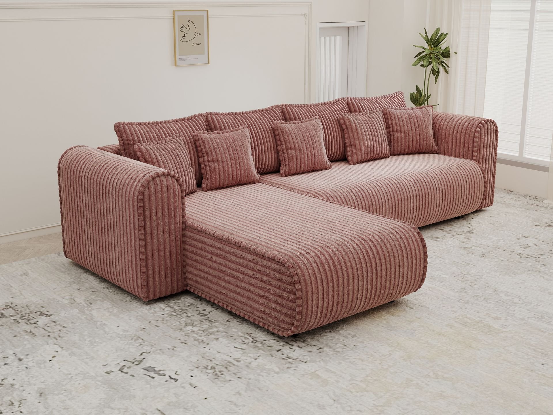 Colțar extensibil dumonde cu ladă de depozitare si sezut confortabil din spuma high-density, Monaco XL Tilia Roz 340x185 cm
