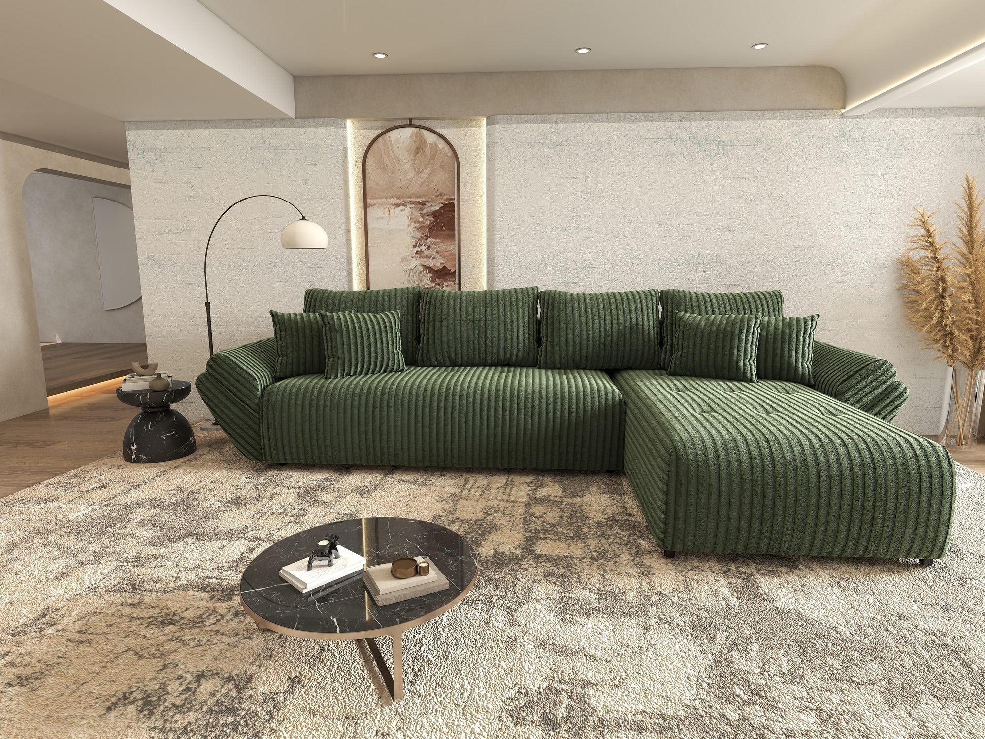 Colțar extensibil dumonde cu ladă de depozitare si sezut confortabil din spuma high-density, Berlin XL Tilia Verde 39 II 350x185 cm
