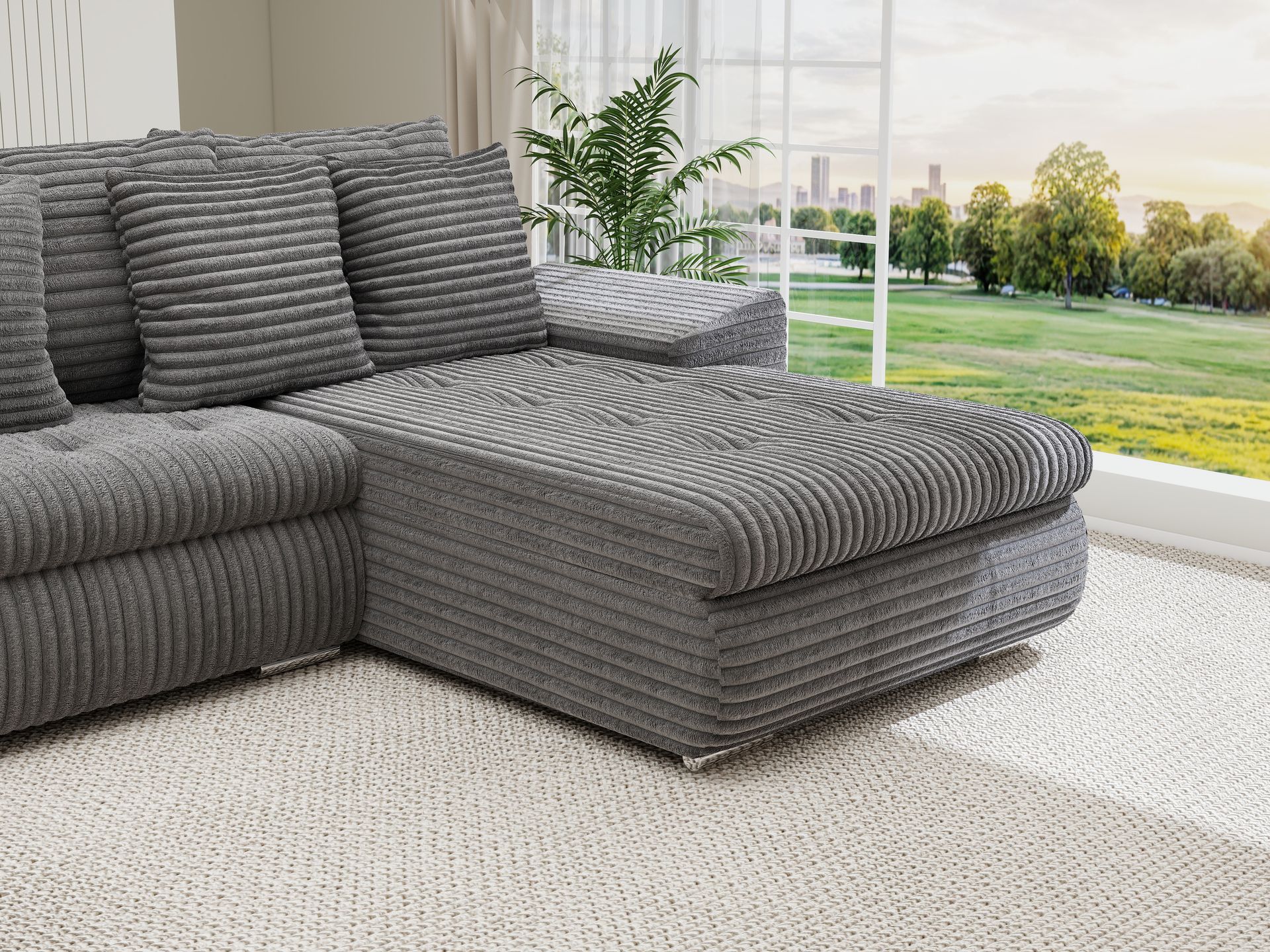 Colțar extensibil dumonde cu ladă de depozitare si sezut confortabil din spuma high-density, Leonardo U Tilia Gri 90 360x185 cm
