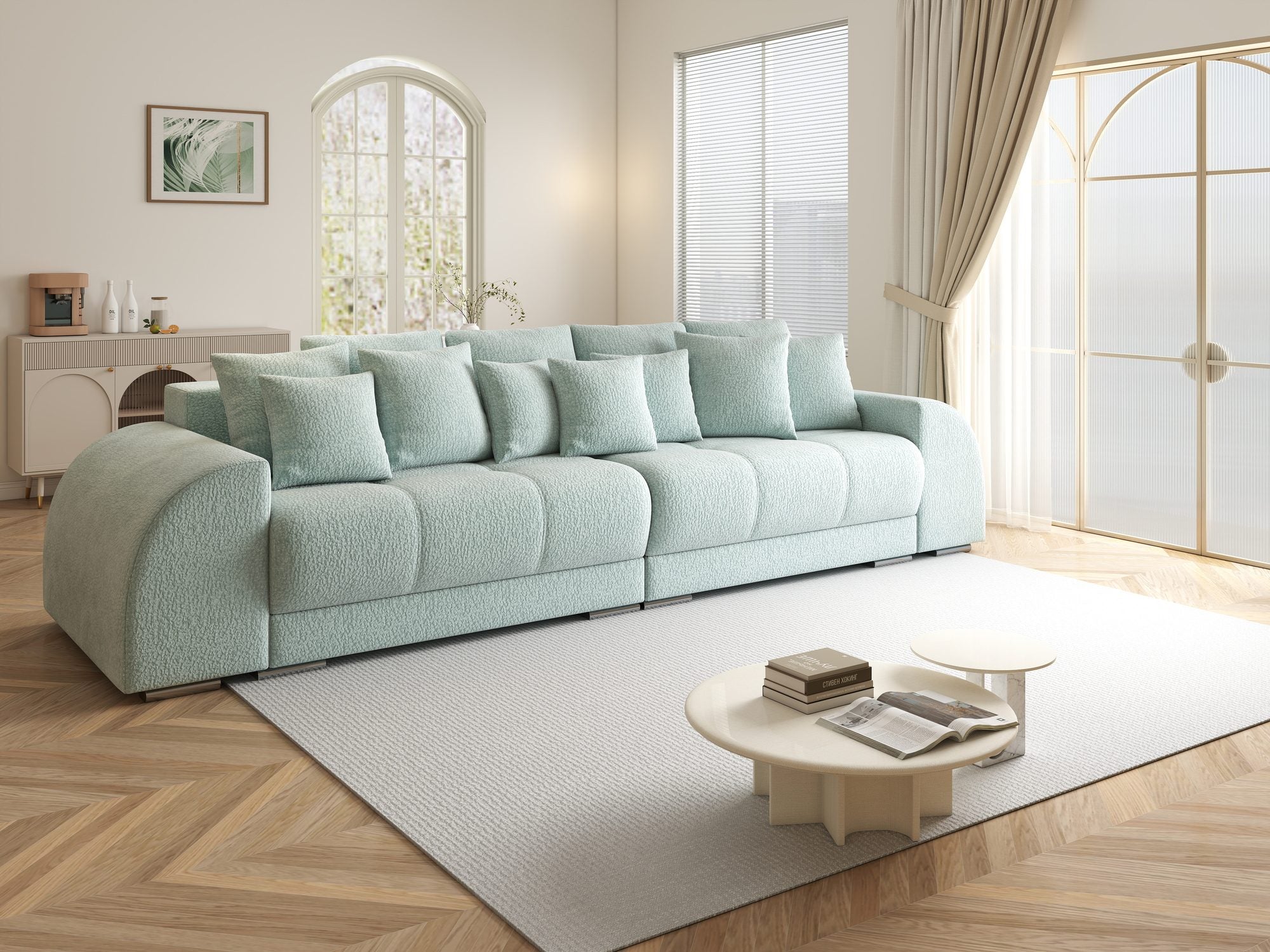Canapea extensibilă dumonde cu 2 lăzi de depozitare si sezut confortabil din spuma high-density, Verona Jaguar Verde Mint 16 310x100 cm