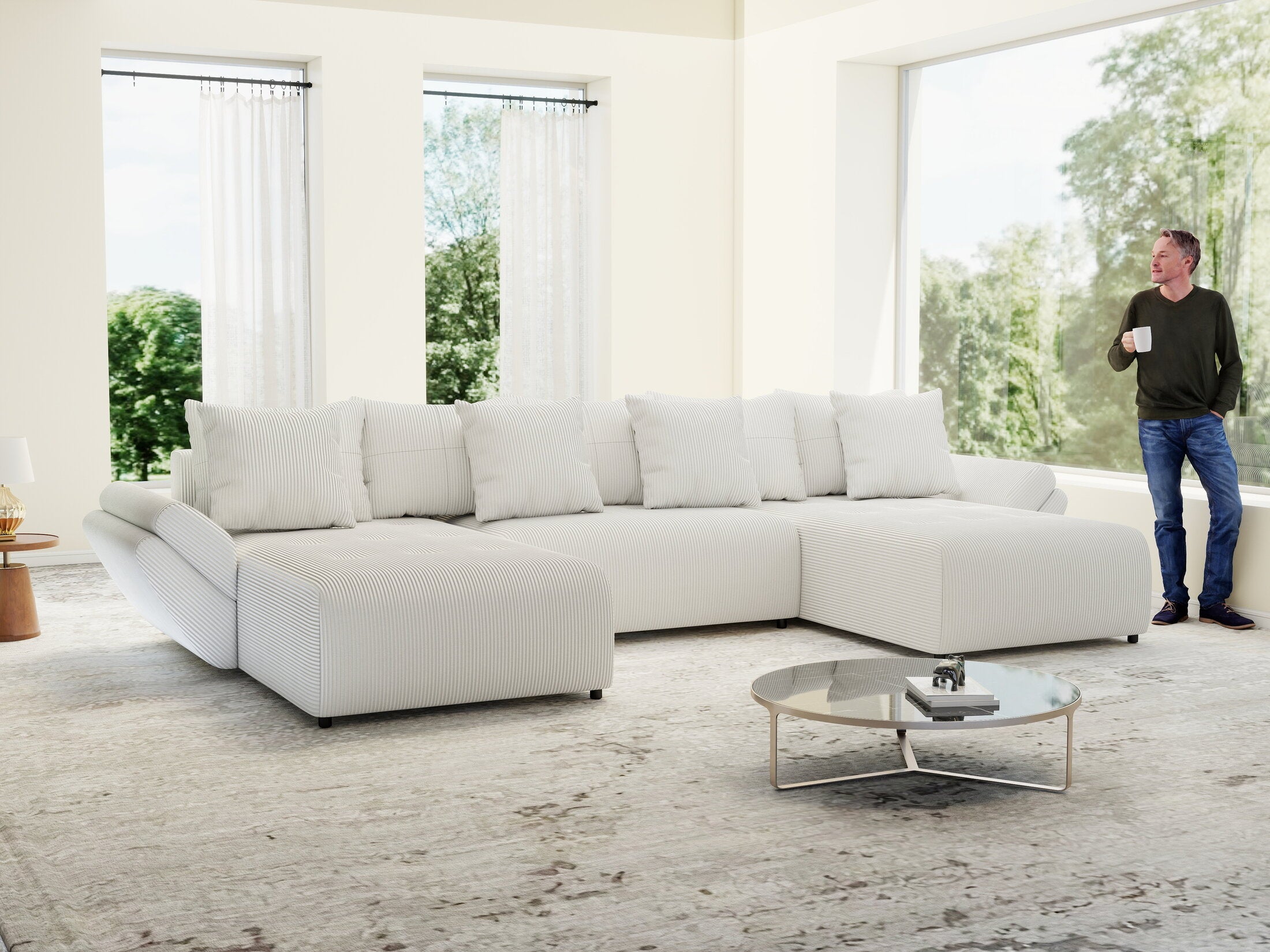 Colțar extensibil dumonde cu ladă de depozitare si sezut confortabil din spuma high-density, Berlin U Zoom Crem 400x185 cm