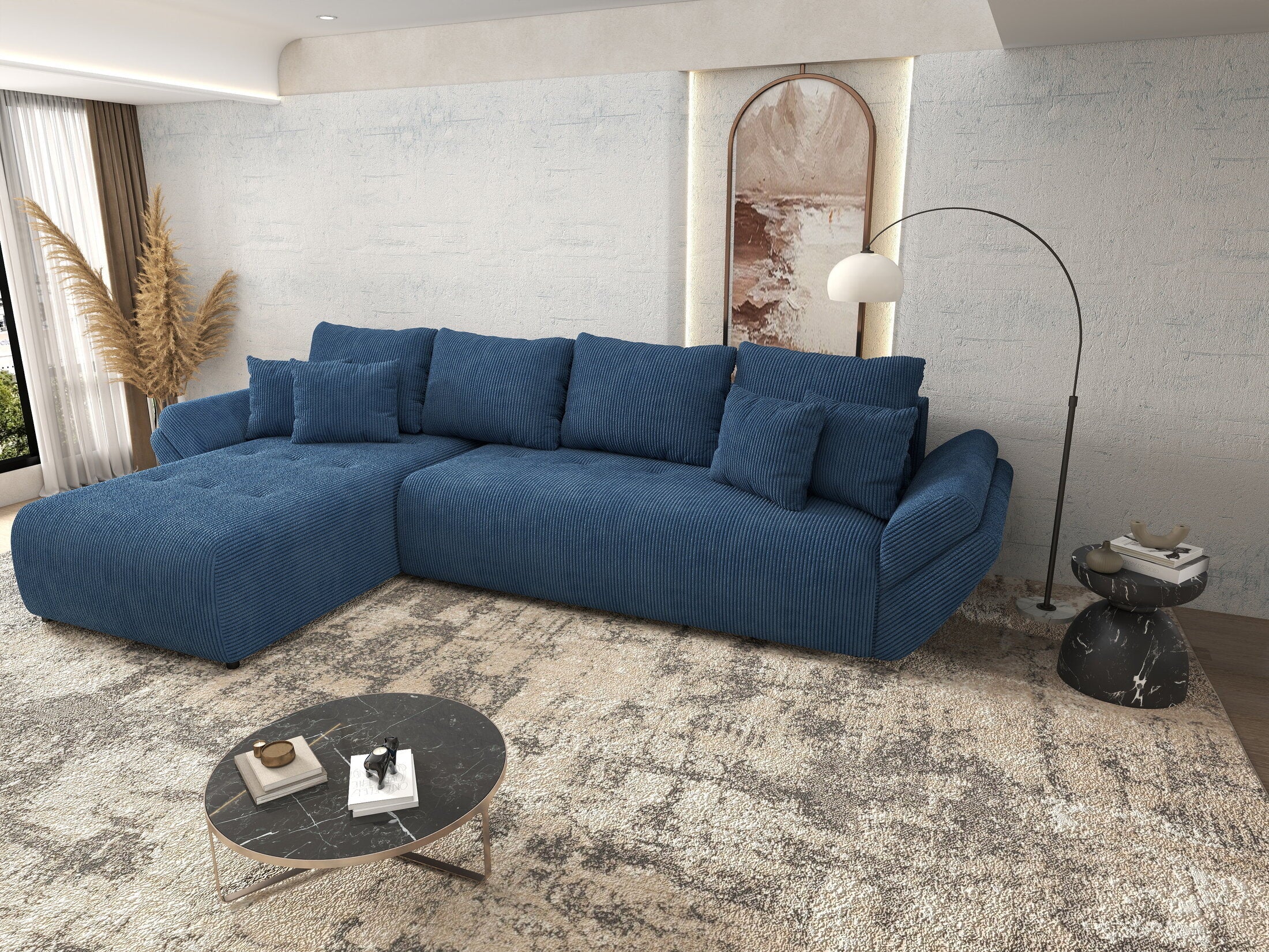 Colțar extensibil dumonde cu ladă de depozitare si sezut confortabil din spuma high-density, Berlin XL Zoom Blue 350x185 cm