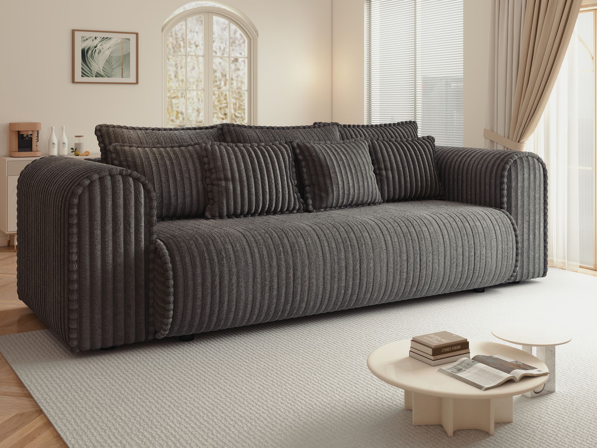 Canapea extensibilă dumonde cu ladă de depozitare si sezut confortabil din spuma high-density, Monaco Mica Tilia Grafit 240x100 cm