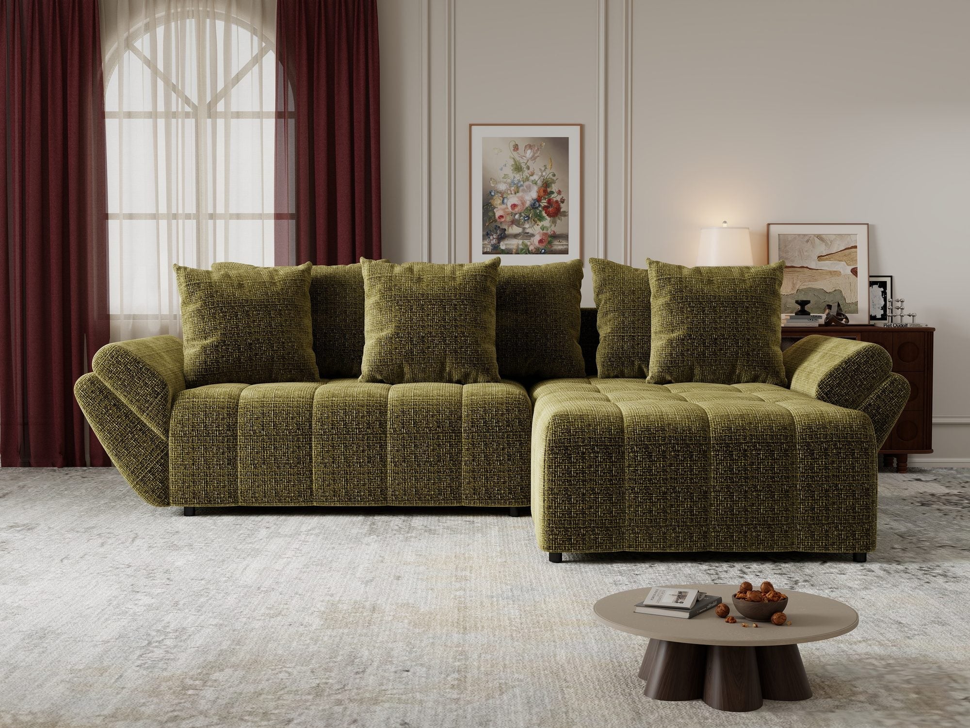 Colțar extensibil dumonde cu ladă de depozitare si sezut confortabil din spuma high-density, Berlin Monolith Verde Olive 38 II 280x185 cm