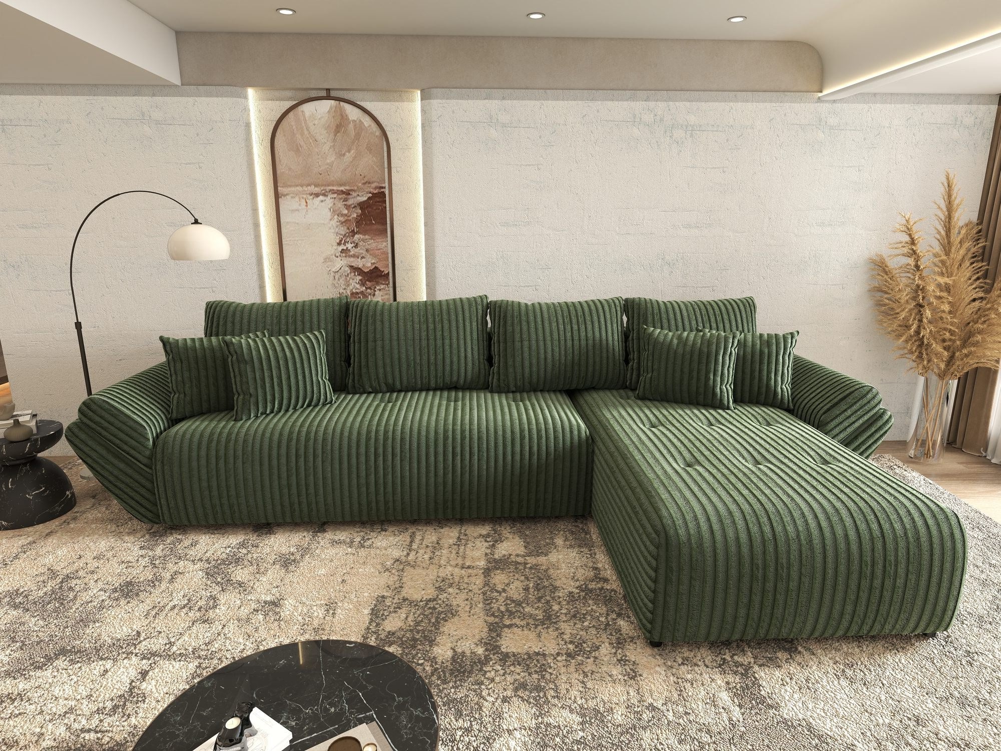 Colțar extensibil dumonde cu ladă de depozitare si sezut confortabil din spuma high-density, Berlin XL Tilia Verde 39 II 350x185 cm