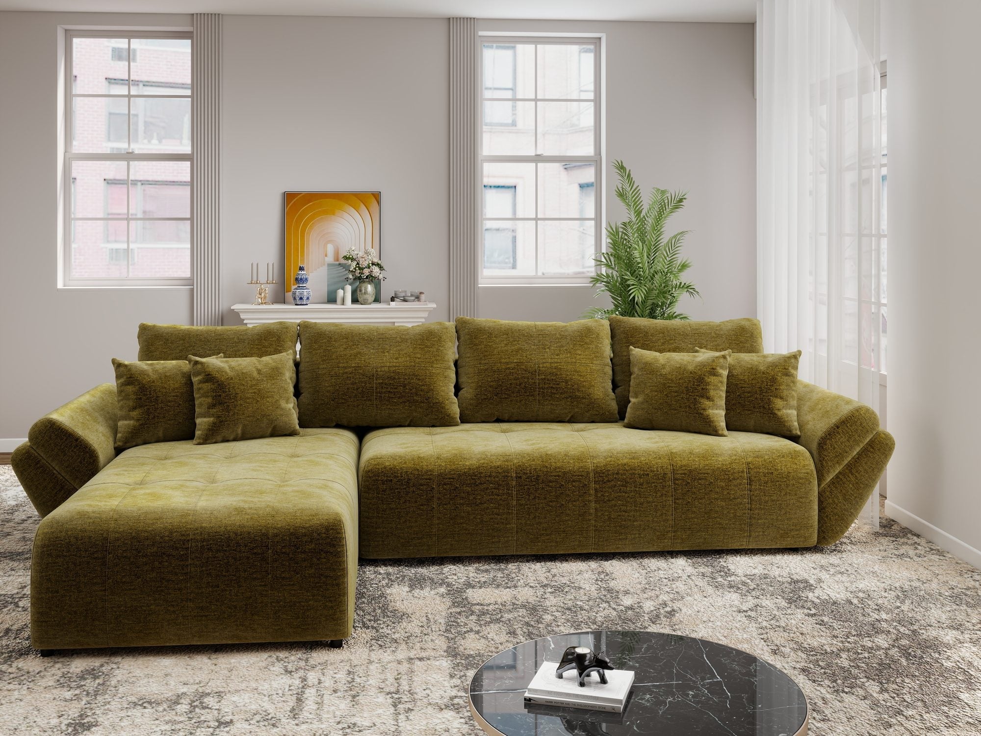 Colțar extensibil dumonde cu ladă de depozitare si sezut confortabil din spuma high-density, Berlin XL Monolith Verde Olive 38 350x185 cm