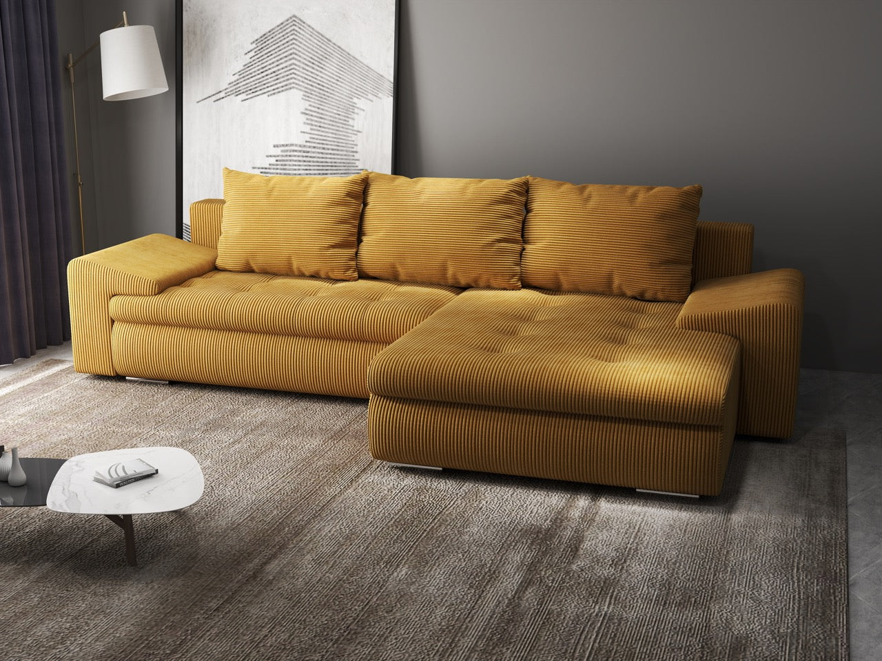Colțar extensibil dumonde cu ladă de depozitare si sezut confortabil din spuma HR, Leonardo Zoom Mustar 260x185 cm II Fabrica