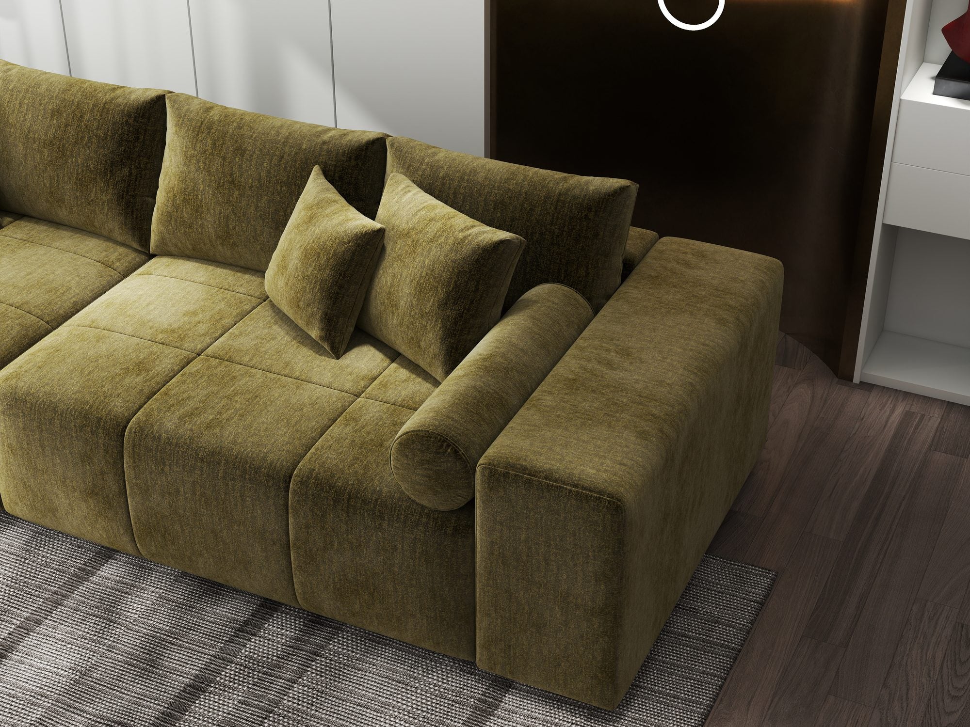 Canapea extensibilă dumonde cu ladă de depozitare si sezut confortabil din spuma high-density, Marbela XXL Monolith Verde Olive 38 290x100 cm