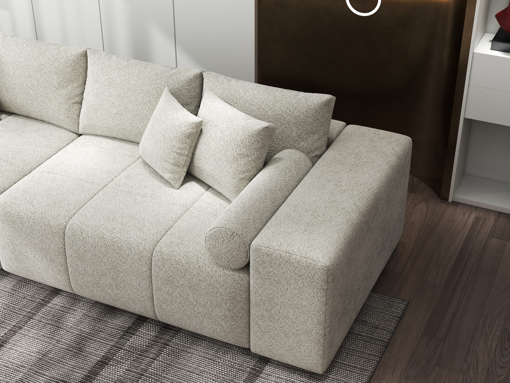 Canapea extensibilă dumonde cu ladă de depozitare si sezut confortabil din spuma high-density, Marbela XXL Arena Bej 20 290x100 cm