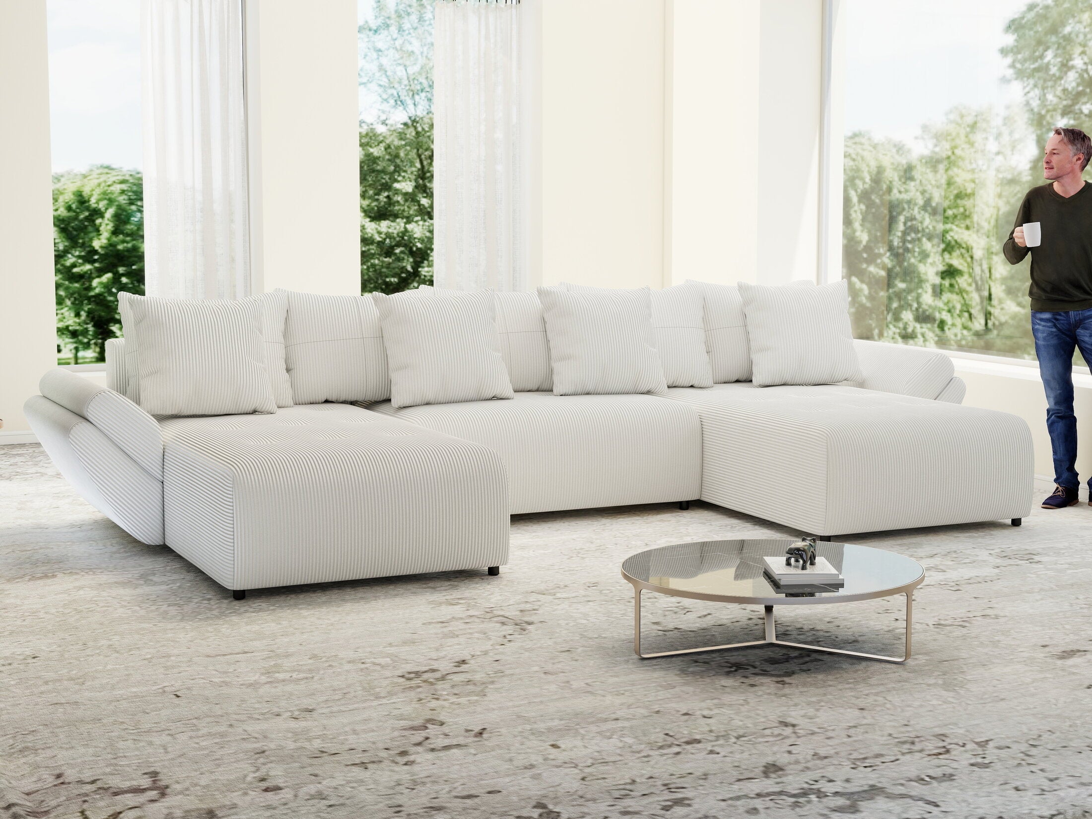 Colțar extensibil dumonde cu ladă de depozitare si sezut confortabil din spuma high-density, Berlin U Zoom Crem 400x185 cm