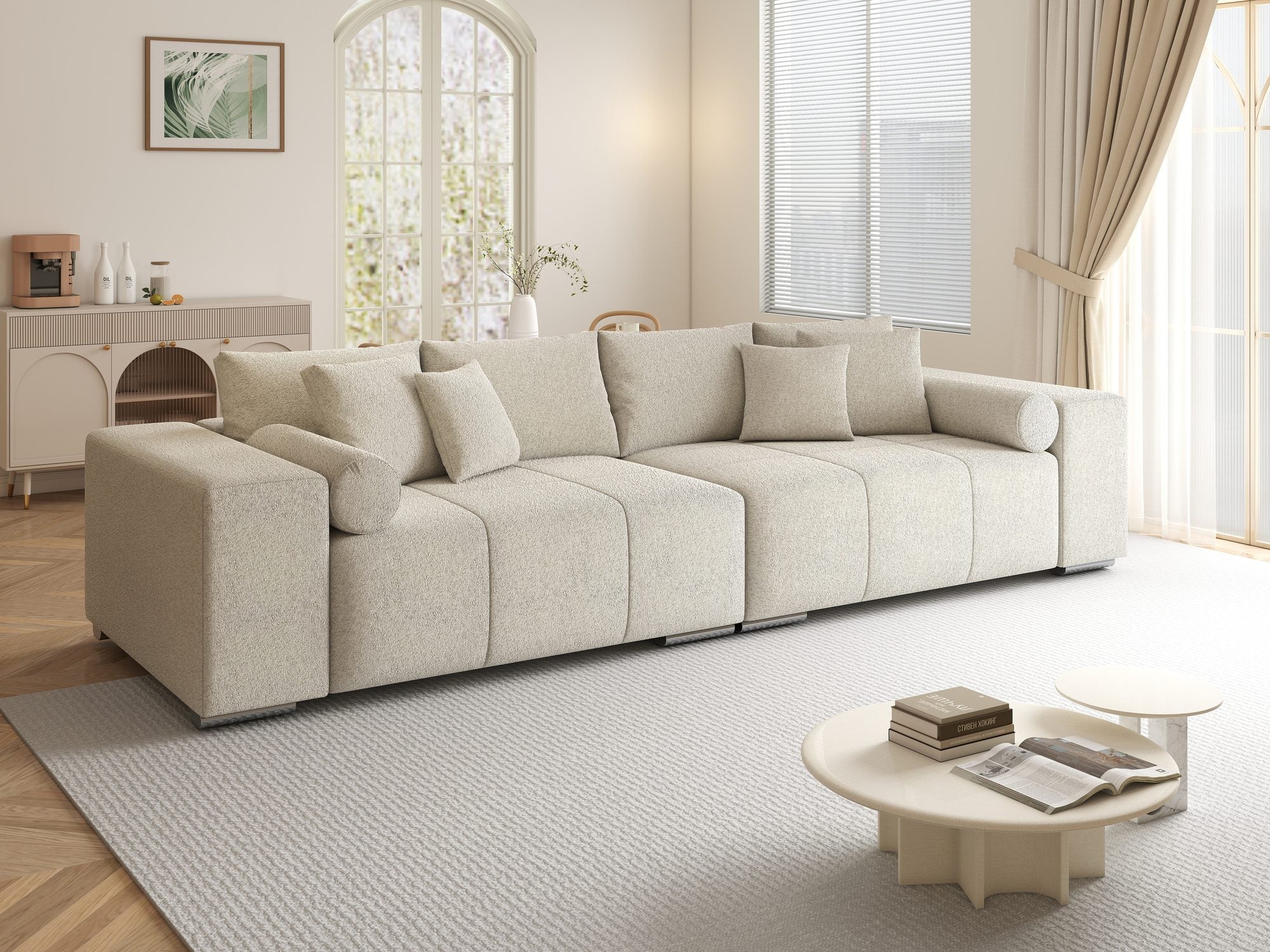 Canapea extensibilă dumonde cu ladă de depozitare si sezut confortabil din spuma high-density, Marbela XXL Monte Bej 03 290x100 cm