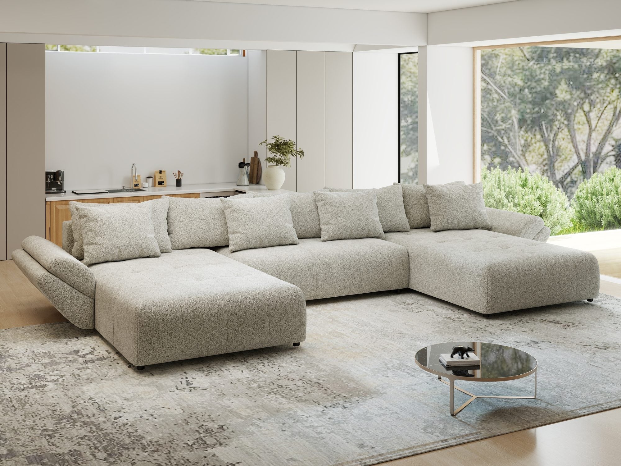 Colțar extensibil dumonde cu ladă de depozitare si sezut confortabil din spuma high-density, Berlin U Arena Bej 2 380x180 cm
