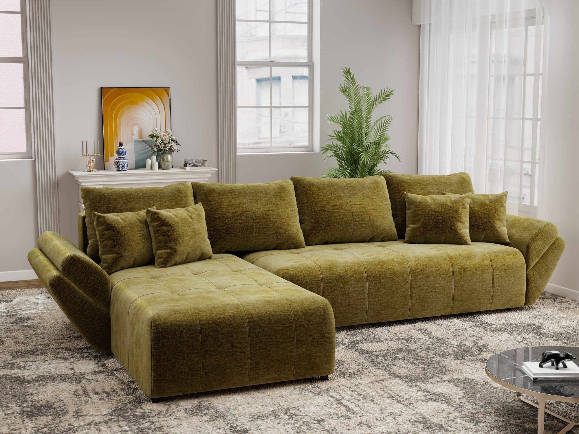 Colțar extensibil dumonde cu ladă de depozitare si sezut confortabil din spuma high-density, Berlin XL Monolith Verde Olive 38 350x185 cm