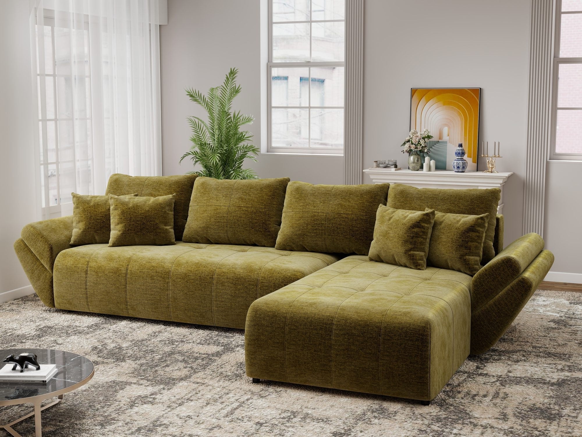 Colțar extensibil dumonde cu ladă de depozitare si sezut confortabil din spuma high-density, Berlin XL Monolith Verde Olive 38 II 350x185 cm