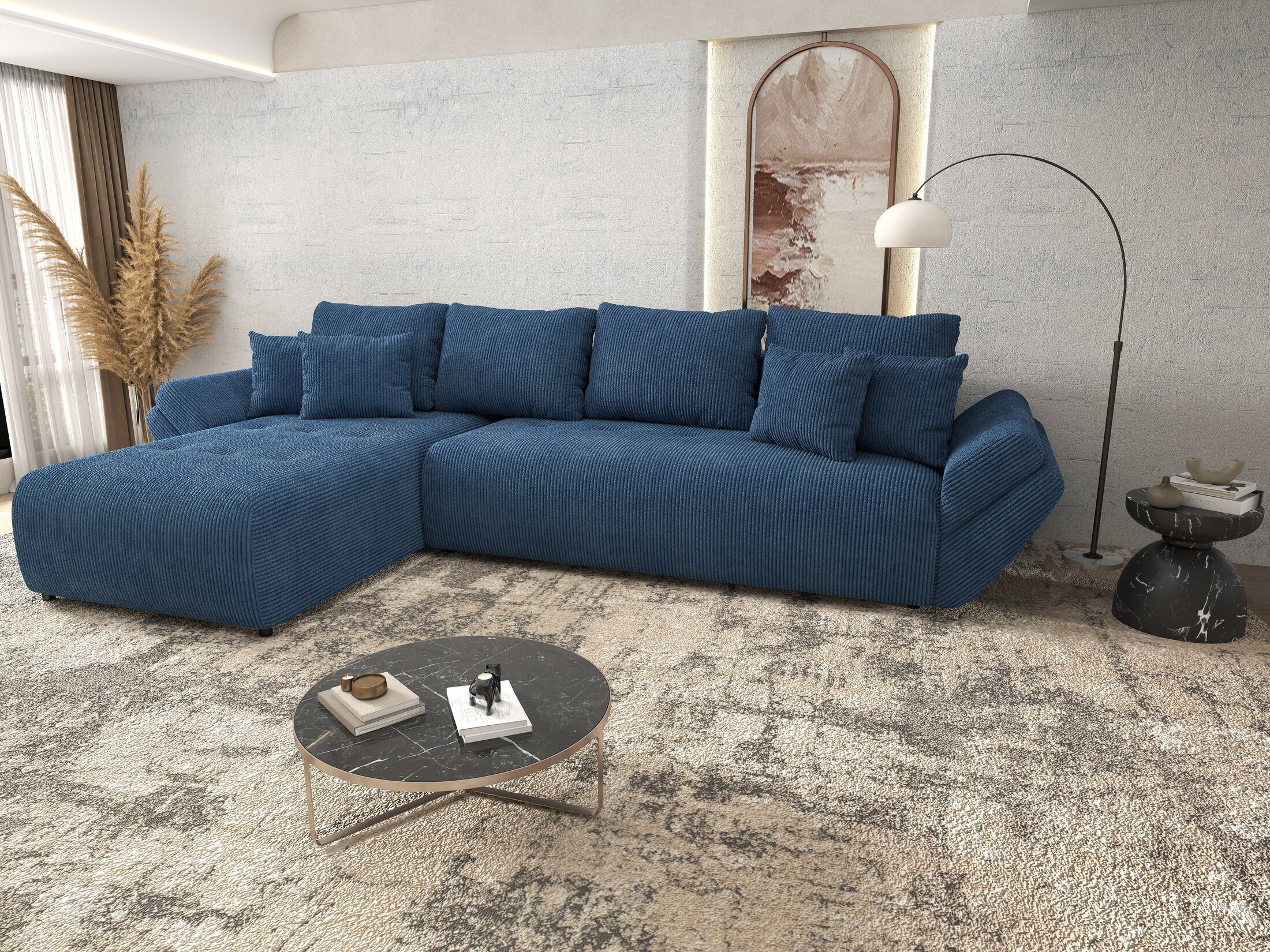 Colțar extensibil dumonde cu ladă de depozitare si sezut confortabil din spuma high-density, Berlin XL Zoom Blue 350x185 cm