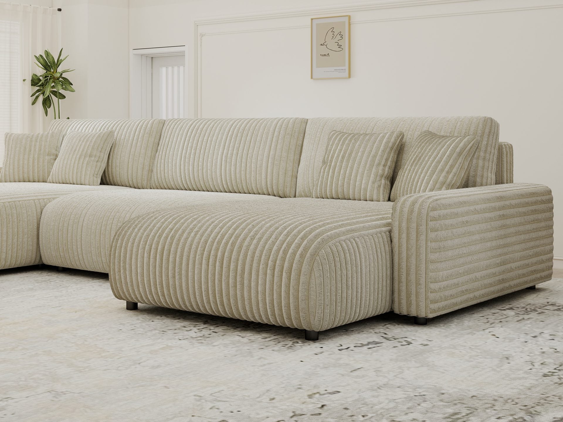 Dumonde kihúzható sarokkanapé tárolórekesszel és kényelmes, nagy sűrűségű habszivacs ülőfelülettel, Sara Tilia bej 332x170 cm