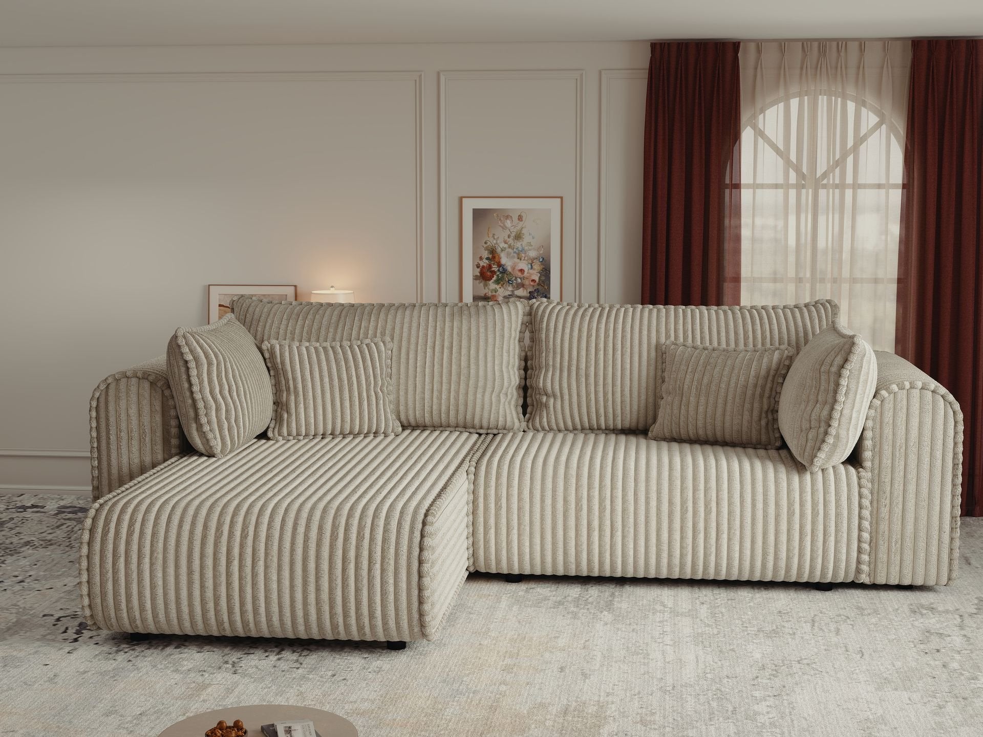 Colțar extensibil dumonde cu ladă de depozitare si sezut confortabil din spuma high-density, Monaco L Tilia Bej 270x100 cm