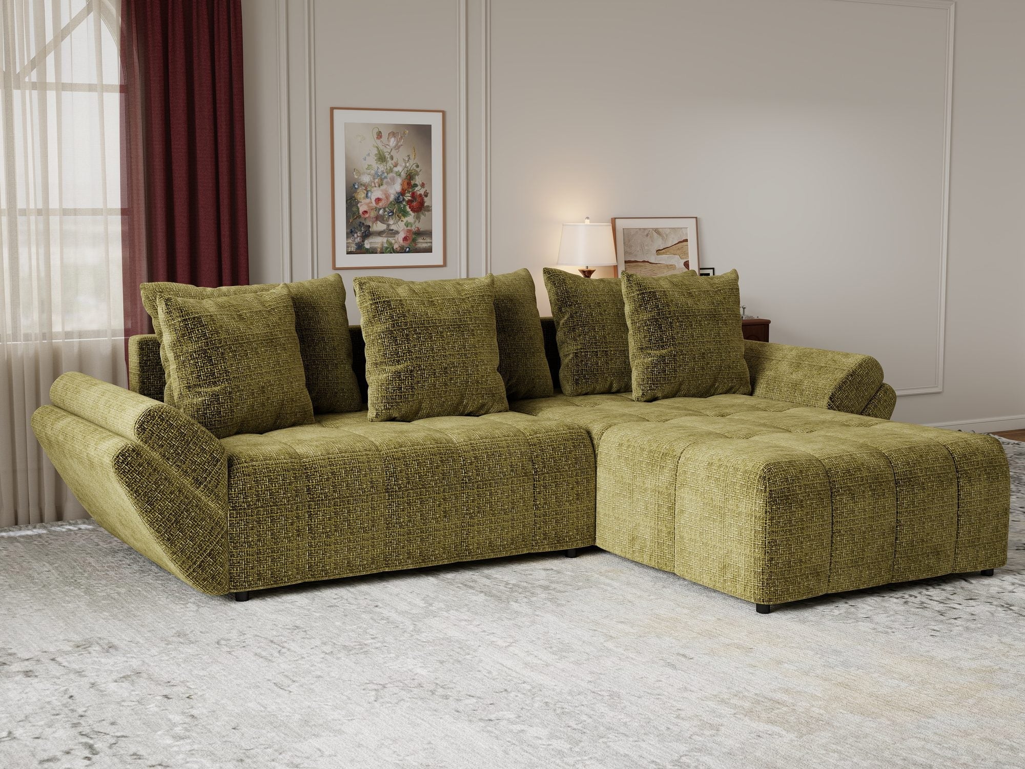 Colțar extensibil dumonde cu ladă de depozitare si sezut confortabil din spuma high-density, Berlin Monolith Verde Olive 38 II 280x185 cm