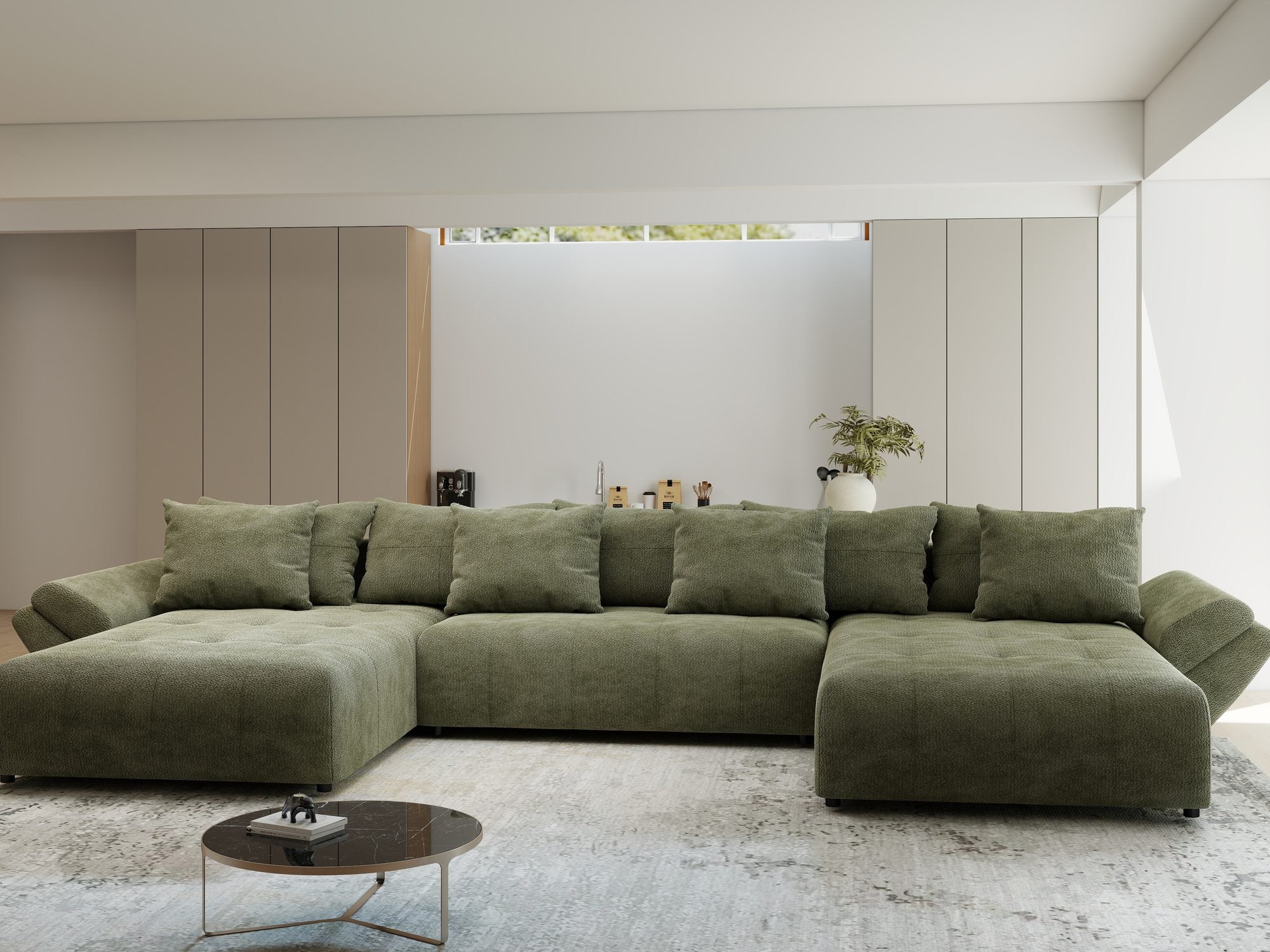 Colțar extensibil dumonde cu ladă de depozitare si sezut confortabil din spuma high-density, Berlin U Vibe Olive 38 380x180 cm
