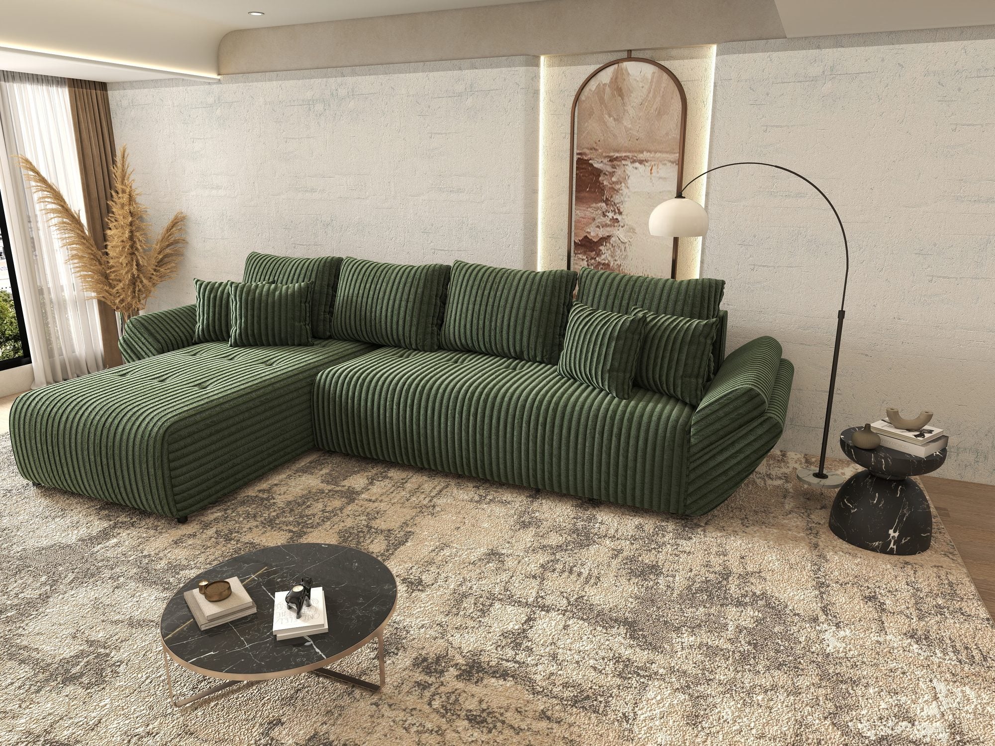 Colțar extensibil dumonde cu ladă de depozitare si sezut confortabil din spuma high-density, Berlin XL Tilia Verde 39 350x185 cm