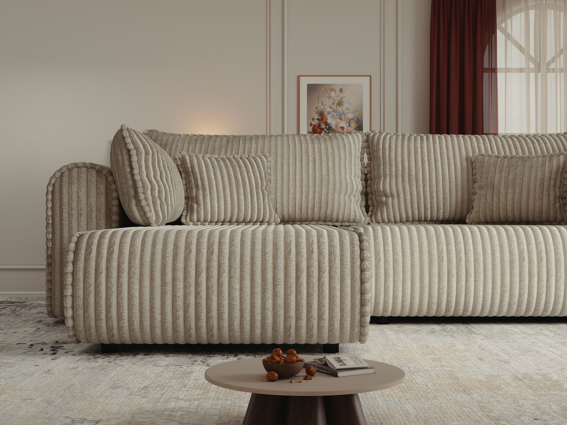 Colțar extensibil dumonde cu ladă de depozitare si sezut confortabil din spuma high-density, Monaco L Tilia Bej 270x100 cm