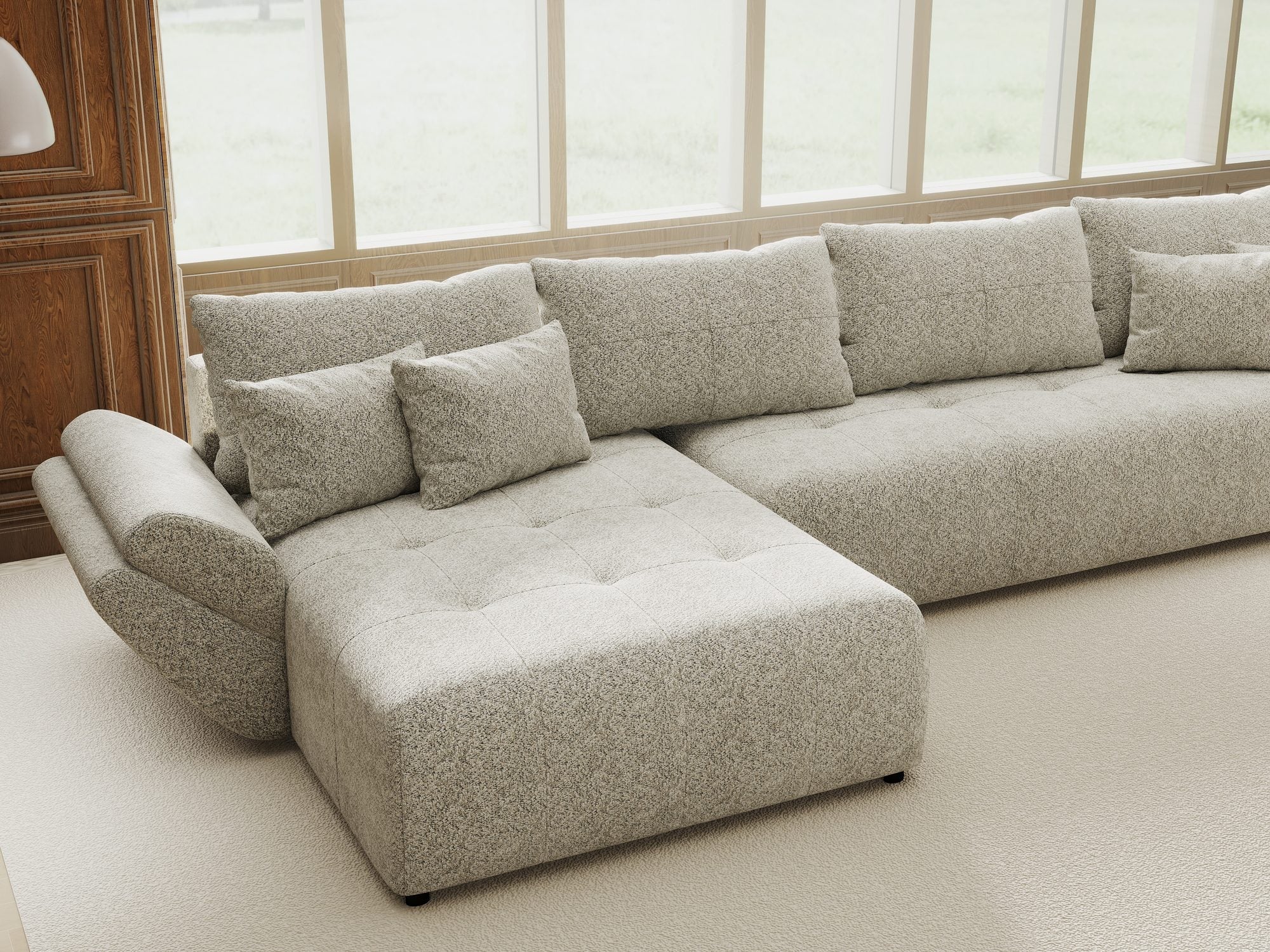 Colțar extensibil dumonde cu ladă de depozitare si sezut confortabil din spuma high-density, Berlin XL Arena Bej 2 350x185 cm