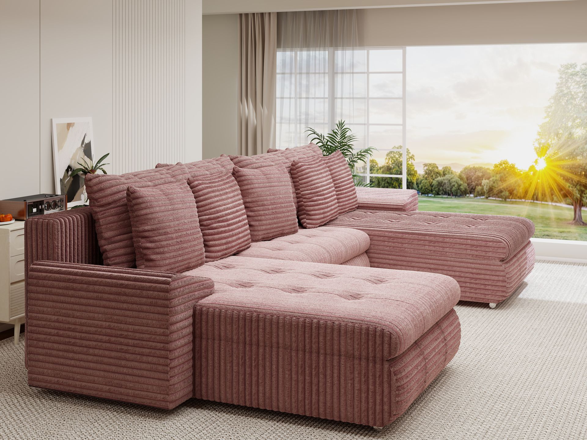 Colțar extensibil dumonde cu ladă de depozitare si sezut confortabil din spuma high-density, Leonardo U Tilia Roz Pudrat 62 360x185 cm