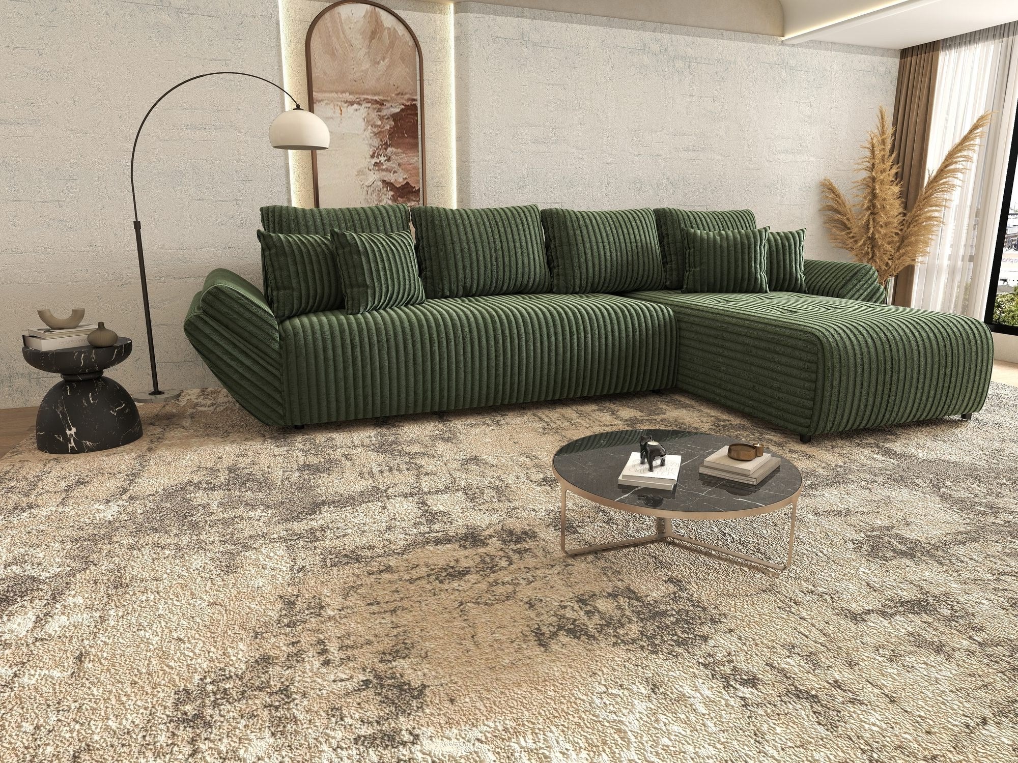 Colțar extensibil dumonde cu ladă de depozitare si sezut confortabil din spuma high-density, Berlin XL Tilia Verde 39 II 350x185 cm