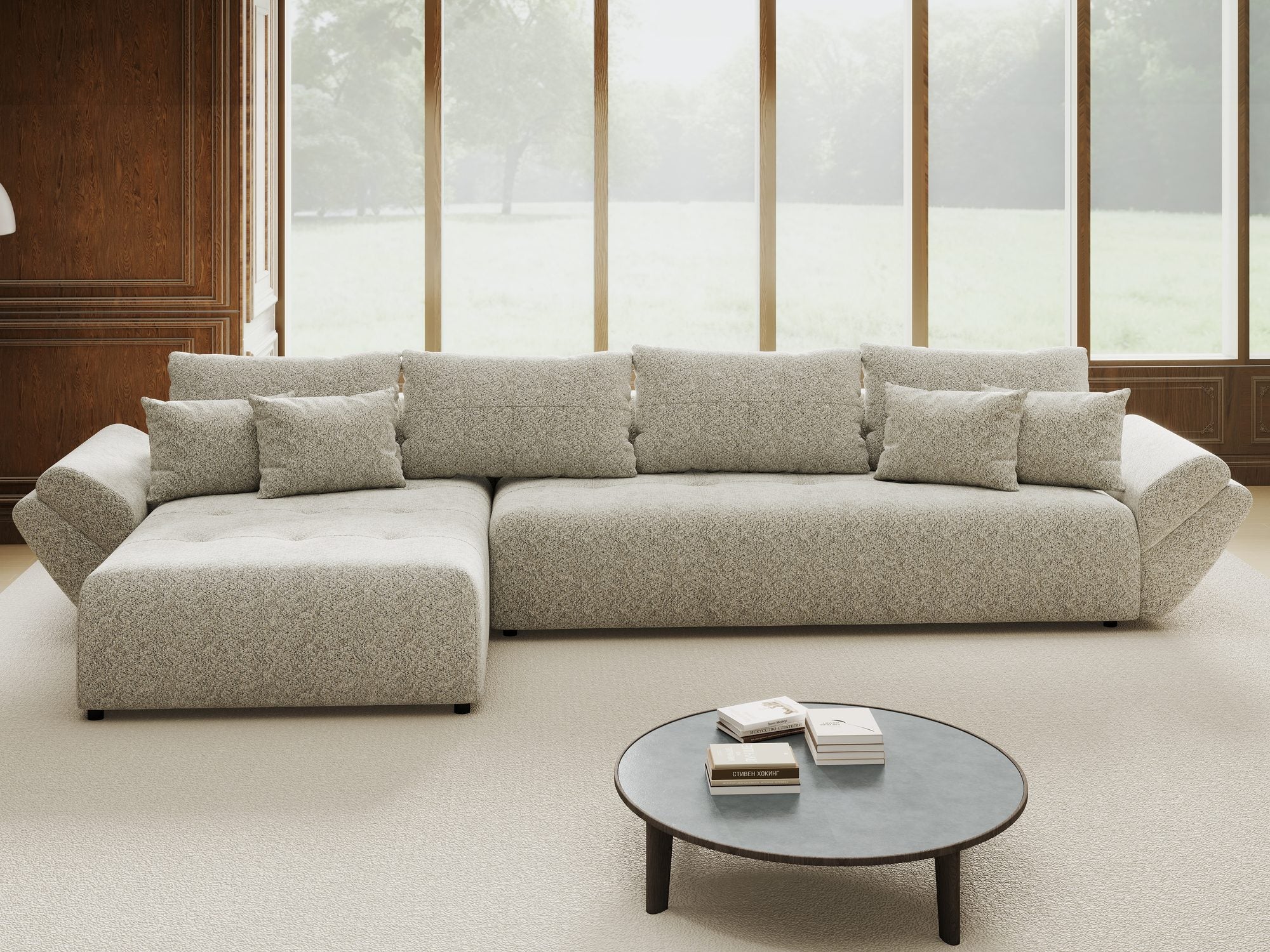 Colțar extensibil dumonde cu ladă de depozitare si sezut confortabil din spuma high-density, Berlin XL Arena Bej 2 350x185 cm