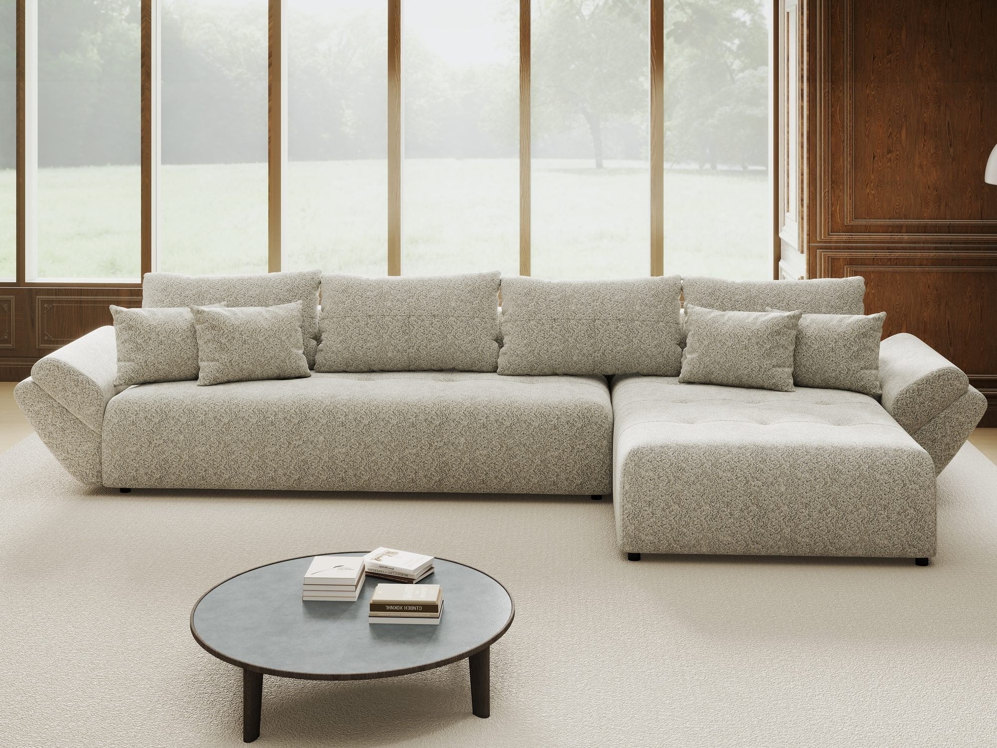 Colțar extensibil dumonde cu ladă de depozitare si sezut confortabil din spuma high-density, Berlin XL Arena Bej 2 II 350x185 cm