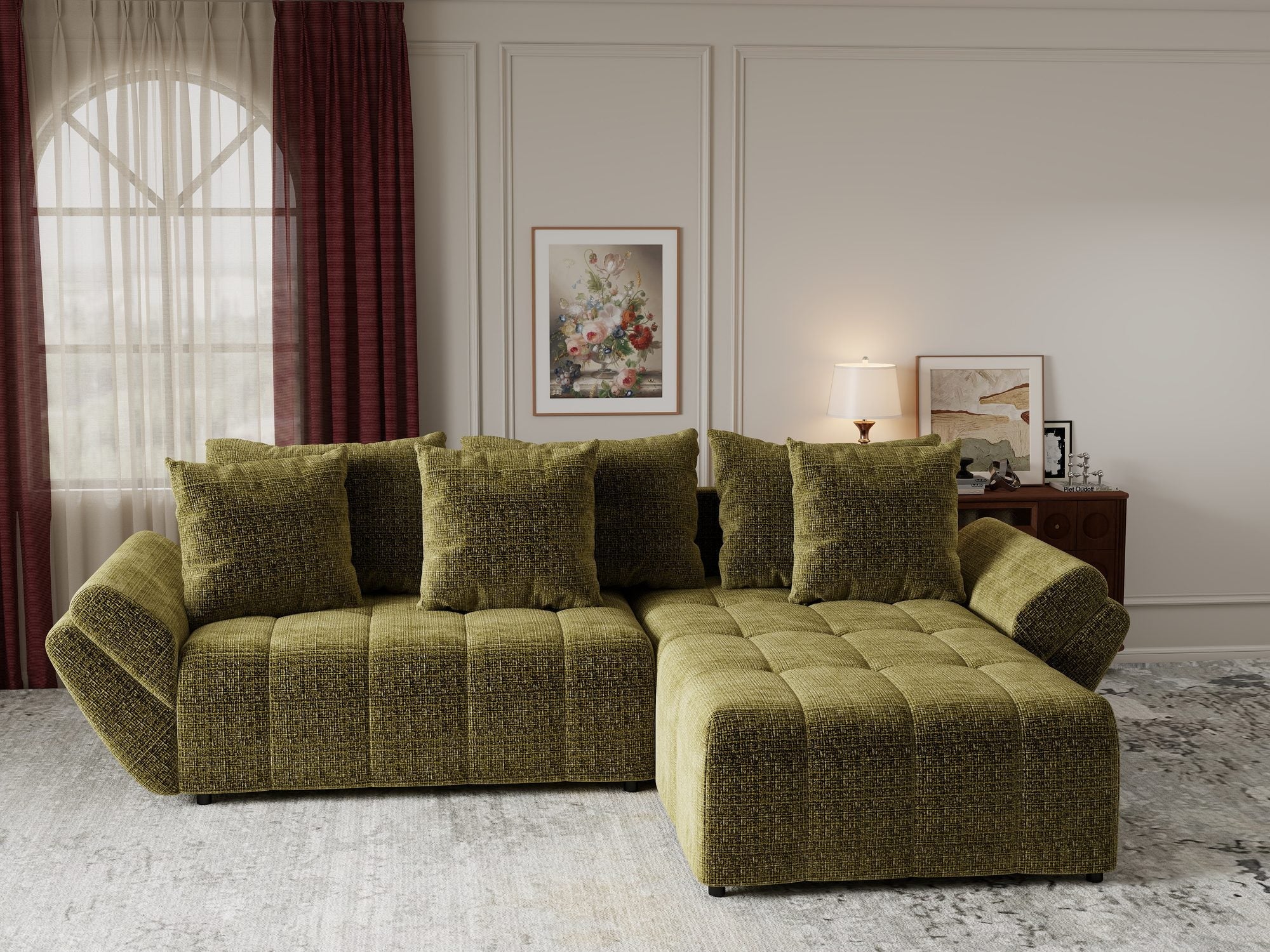 Colțar extensibil dumonde cu ladă de depozitare si sezut confortabil din spuma high-density, Berlin Monolith Verde Olive 38 II 280x185 cm