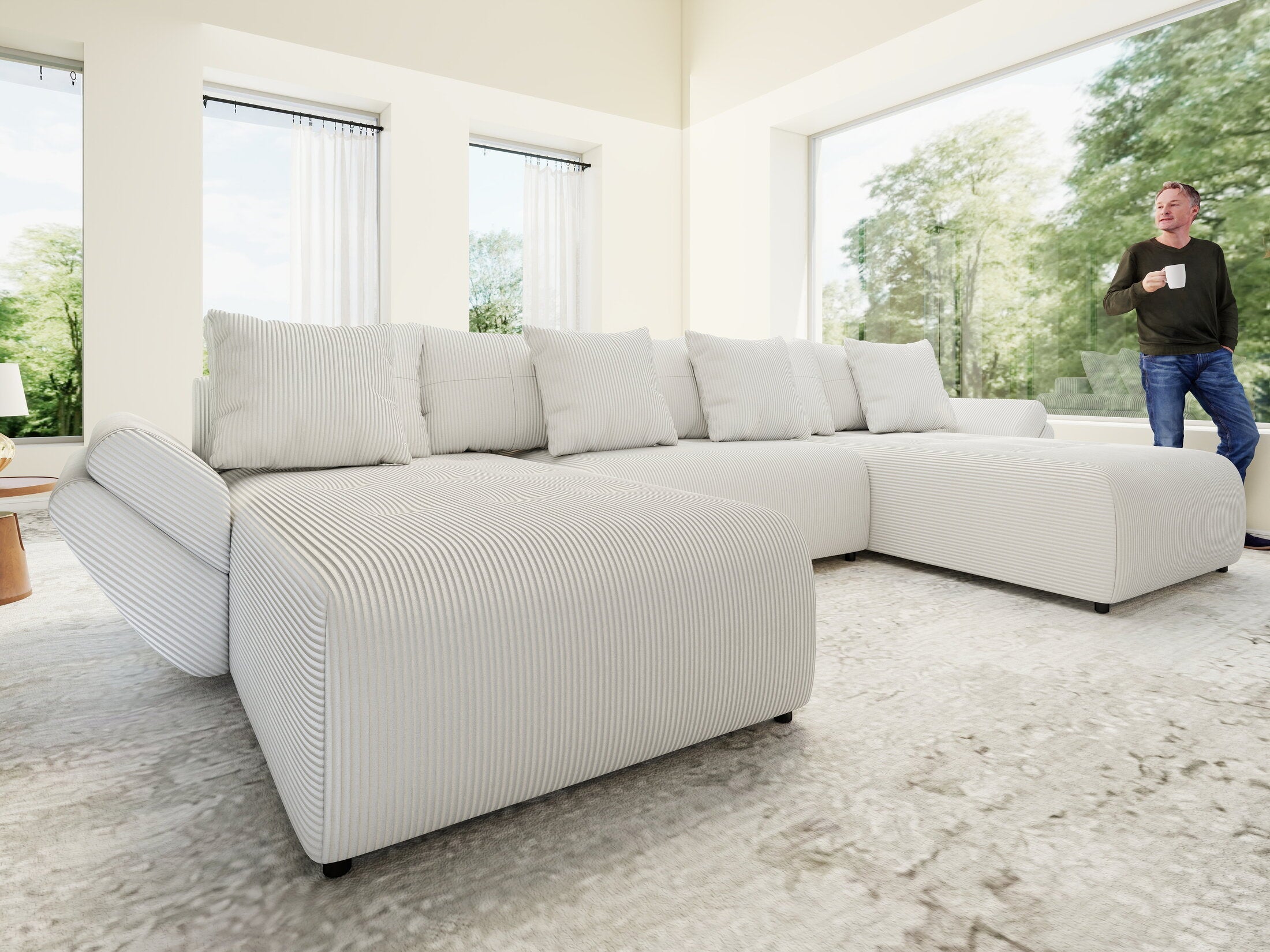 Colțar extensibil dumonde cu ladă de depozitare si sezut confortabil din spuma high-density, Berlin U Zoom Crem 400x185 cm