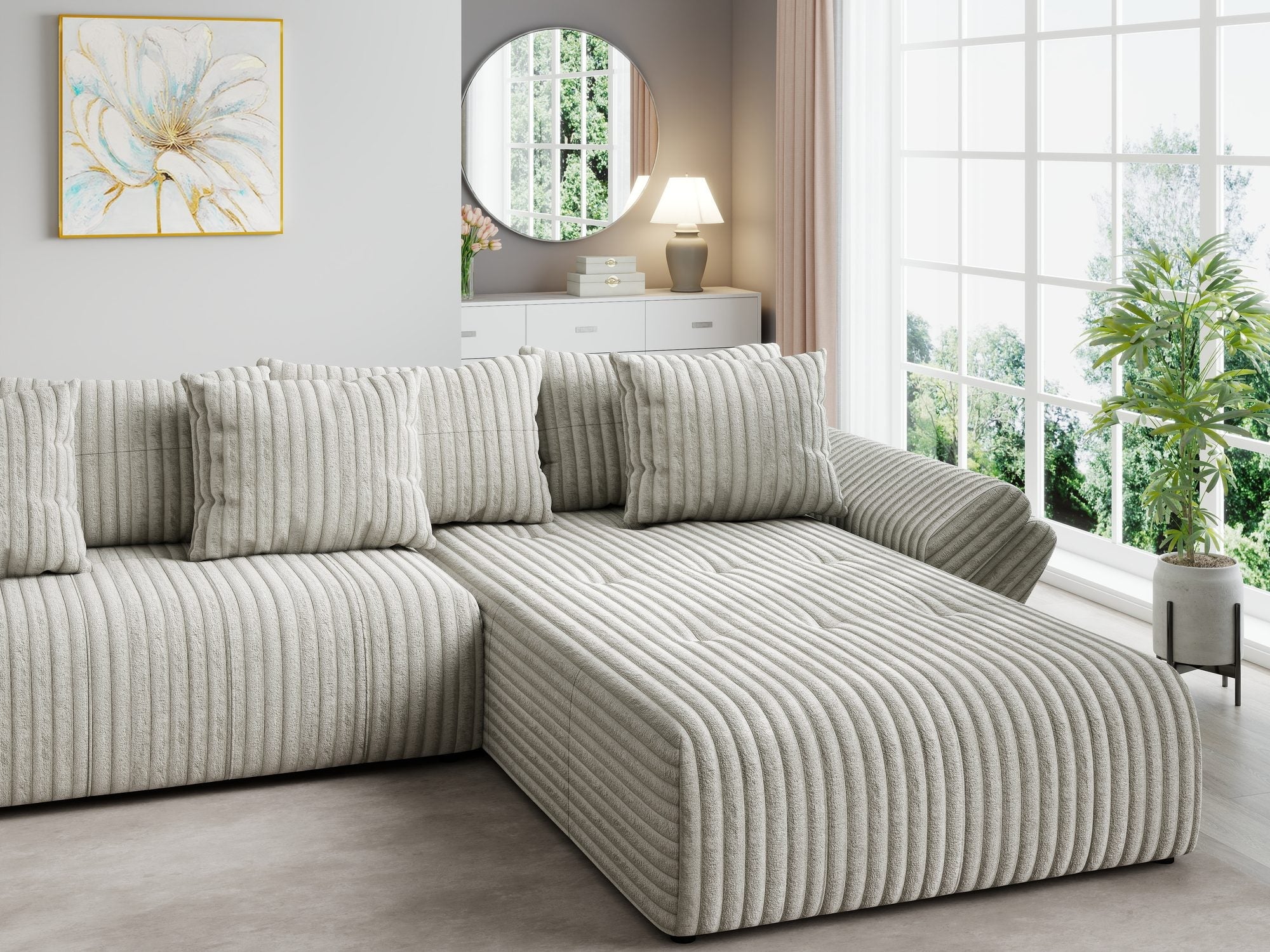 Colțar extensibil dumonde cu ladă de depozitare si sezut confortabil din spuma high-density, Berlin U Tilia Gri- Bej 11 380x180 cm