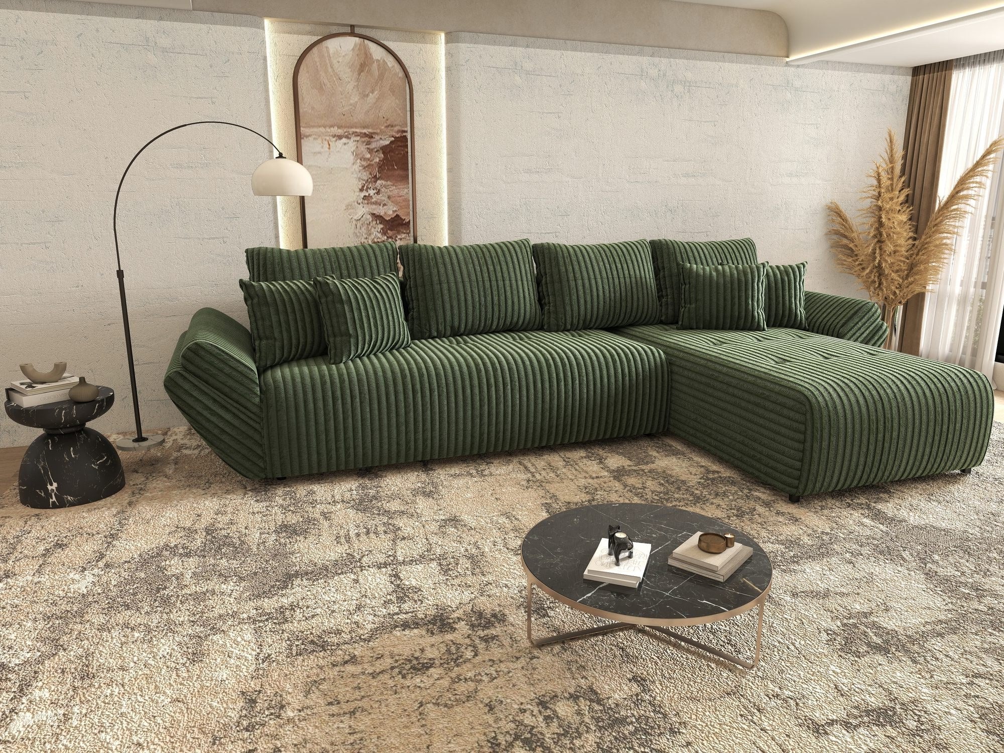 Colțar extensibil dumonde cu ladă de depozitare si sezut confortabil din spuma high-density, Berlin XL Tilia Verde 39 II 350x185 cm