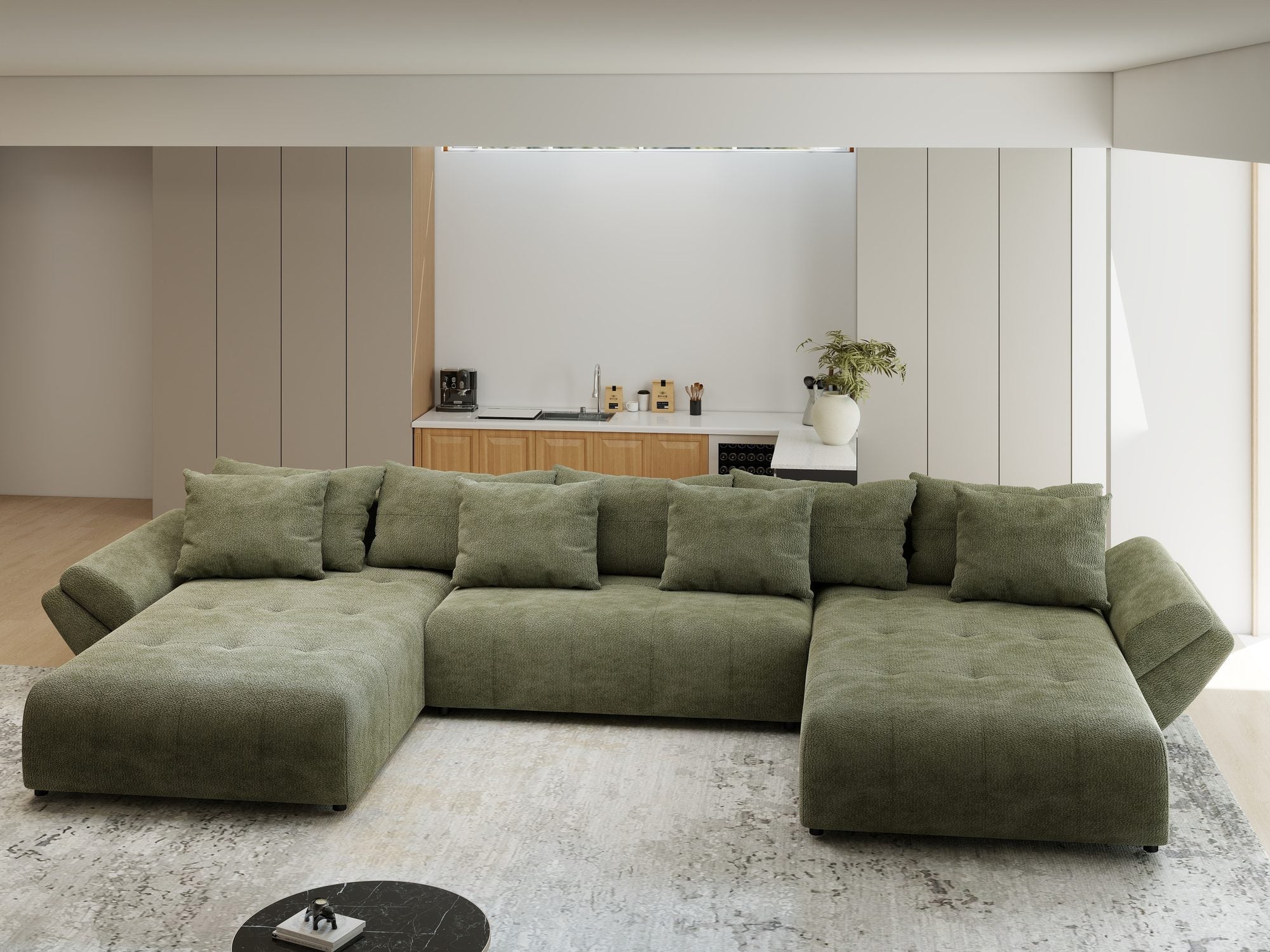Colțar extensibil dumonde cu ladă de depozitare si sezut confortabil din spuma high-density, Berlin U Vibe Olive 38 380x180 cm