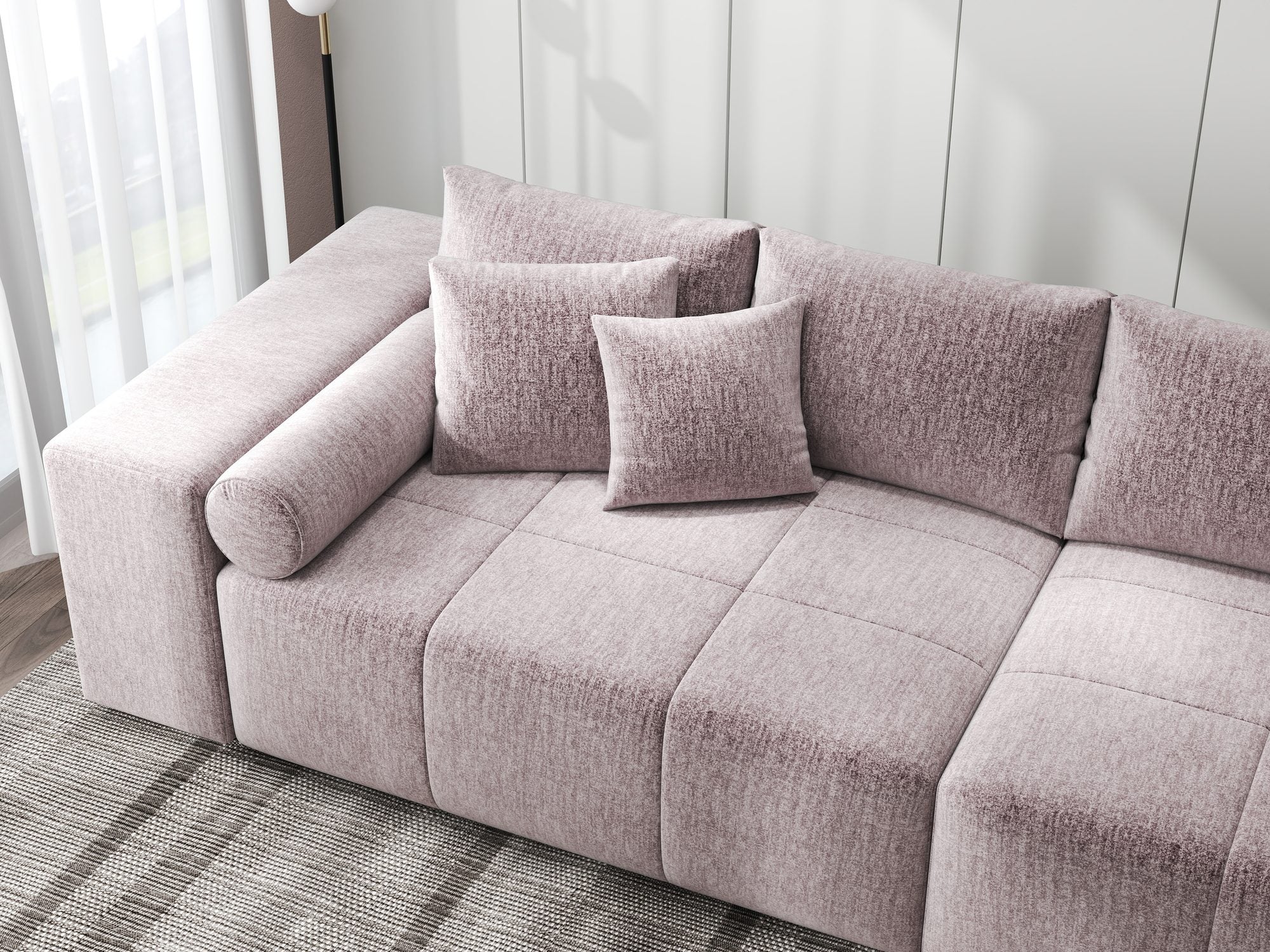 Canapea extensibilă dumonde cu ladă de depozitare si sezut confortabil din spuma high-density, Marbela XXL Monolith Roz Pudrat 62 290x100 cm