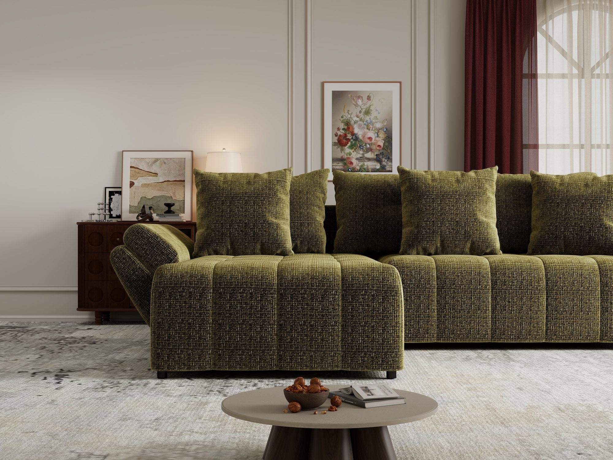 Colțar extensibil dumonde cu ladă de depozitare si sezut confortabil din spuma high-density, Berlin Monolith Verde Olive 38 280x185 cm