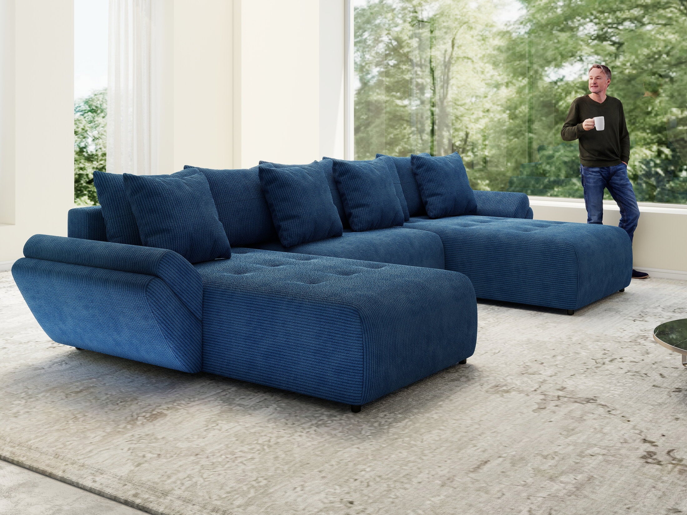 Colțar extensibil dumonde cu ladă de depozitare si sezut confortabil din spuma high-density, Berlin U Zoom Blue 400x185 cm