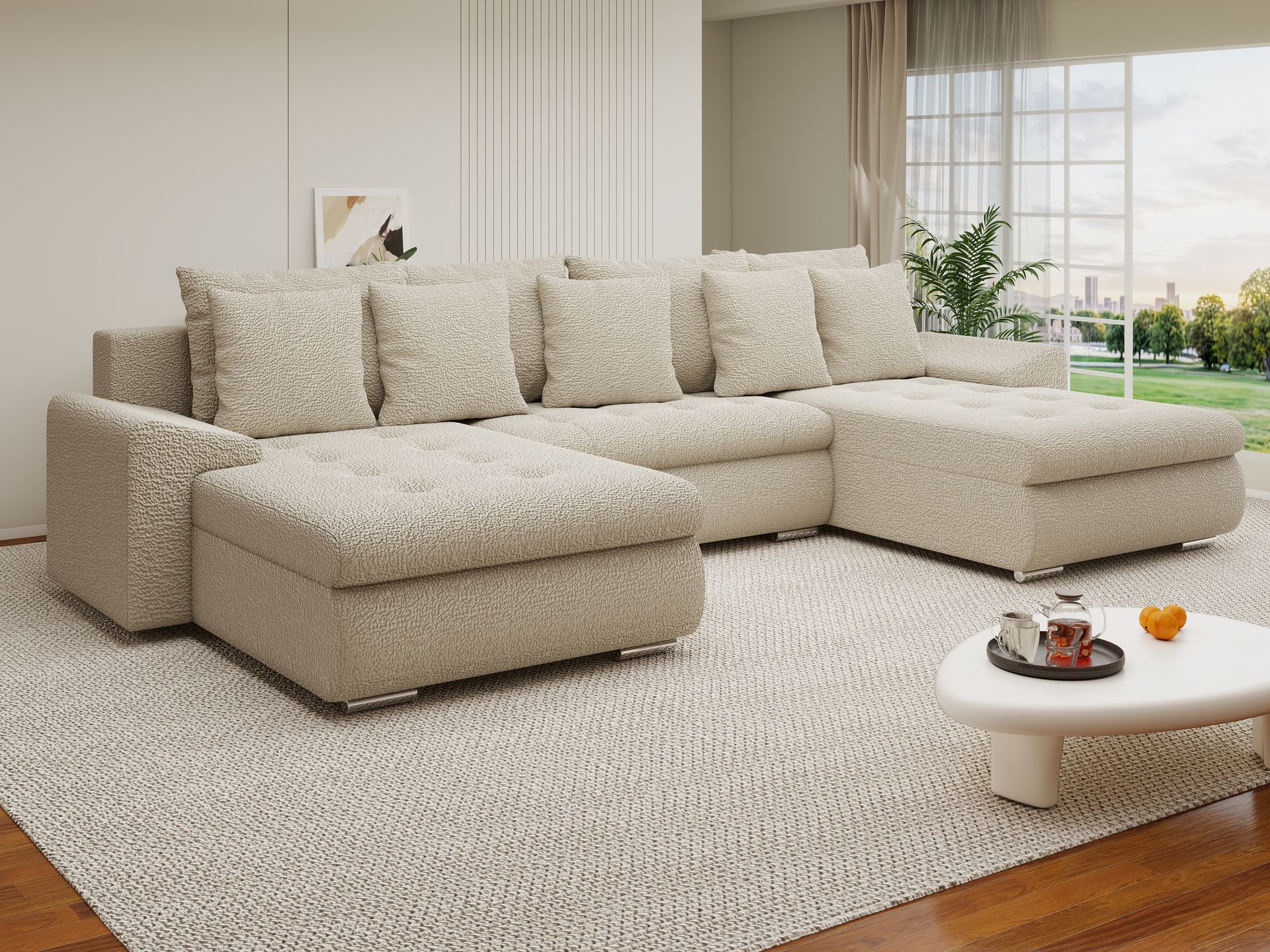 Colțar extensibil dumonde cu ladă de depozitare si sezut confortabil din spuma high-density, Leonardo U Jaguar Bej 04 360x185 cm