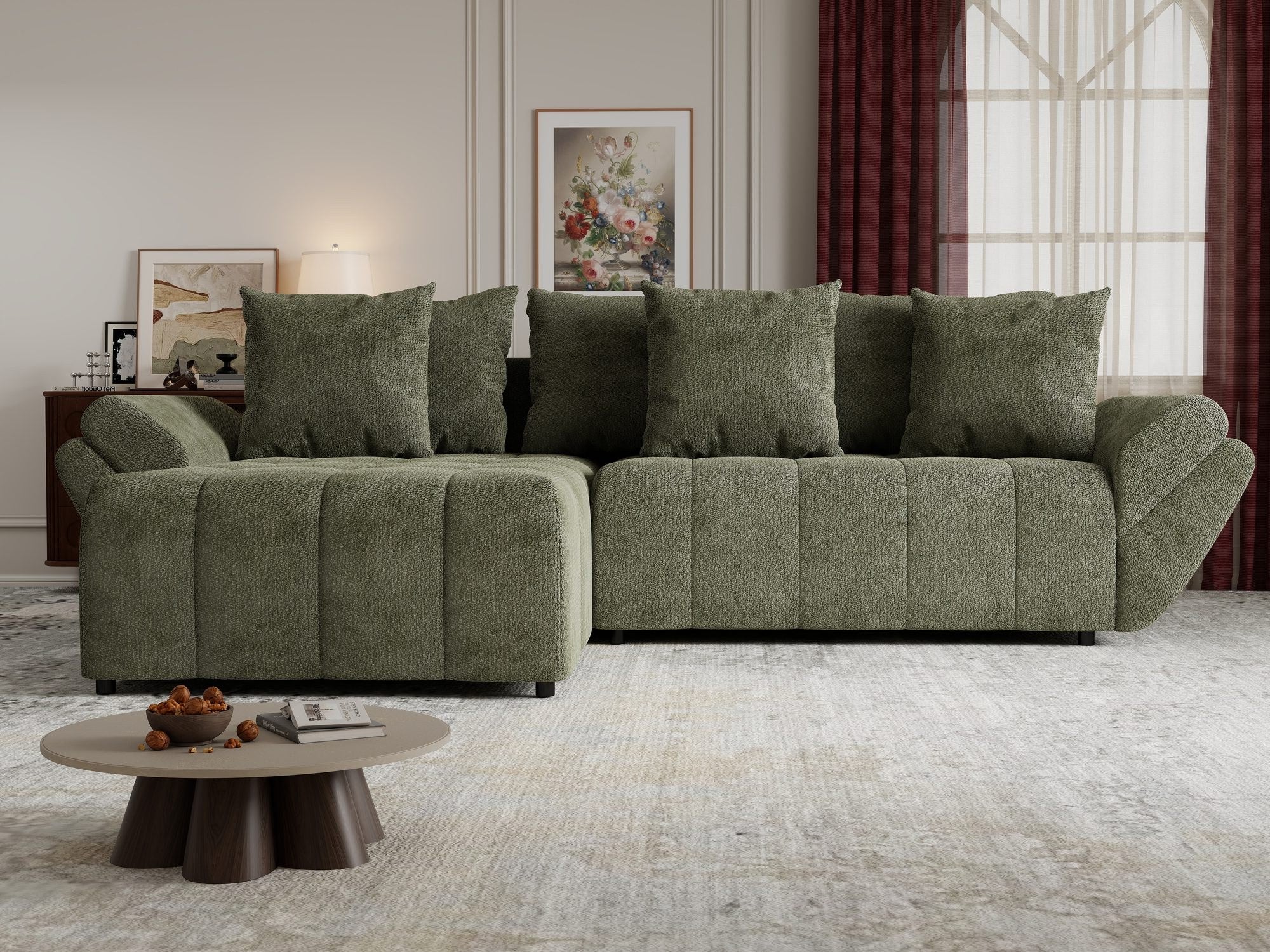 Colțar extensibil dumonde cu ladă de depozitare si sezut confortabil din spuma high-density, Berlin Vibe Olive 38 280x185 cm